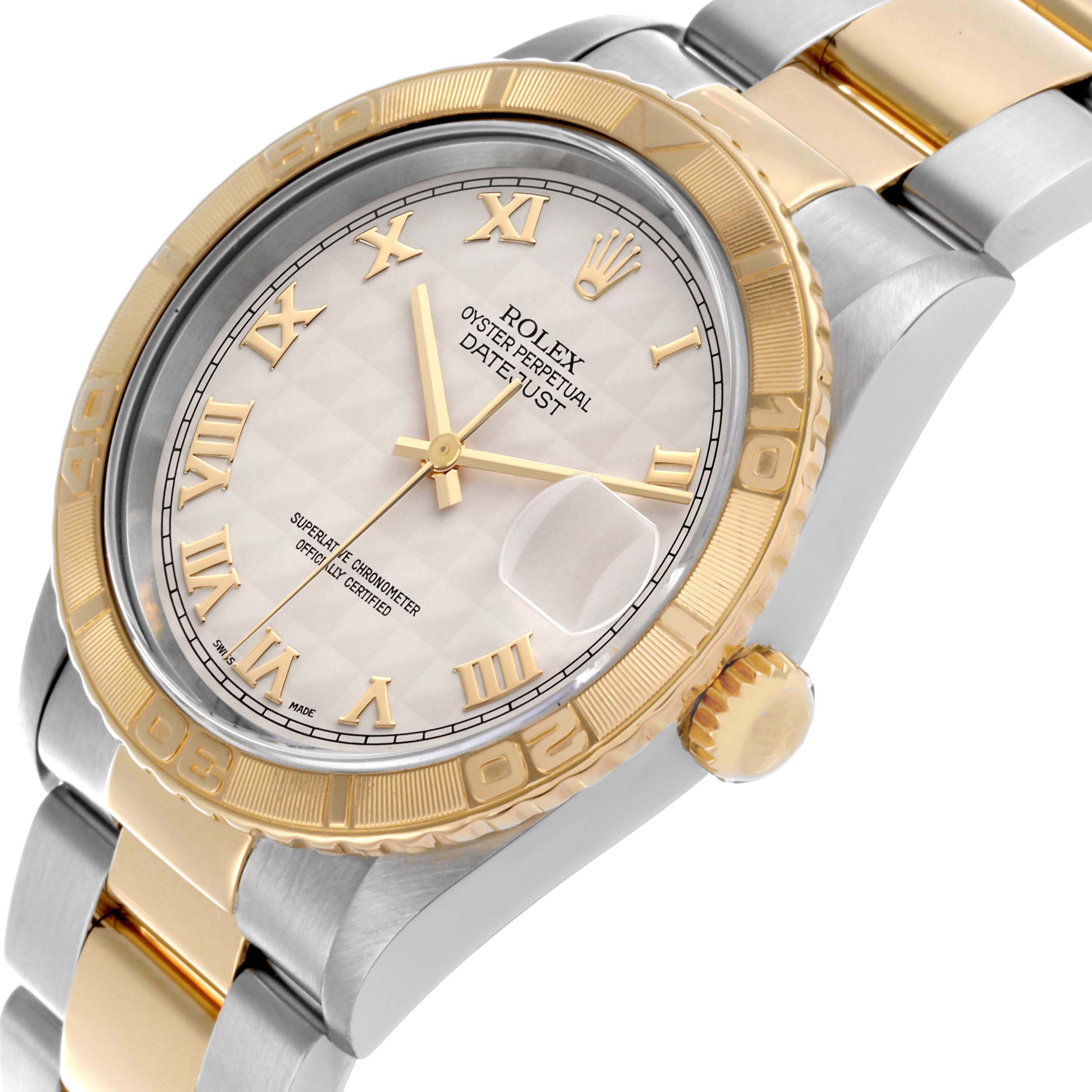 The Rolex Turn-o-Graph 16263 Men's Steel and Gold (two tone) White Dial 16263 Men's Steel and Gold (two tone) White Dial watch is shown from a slight diagonal angle, highlighting the bezel, crown, bracelet, and dial details.