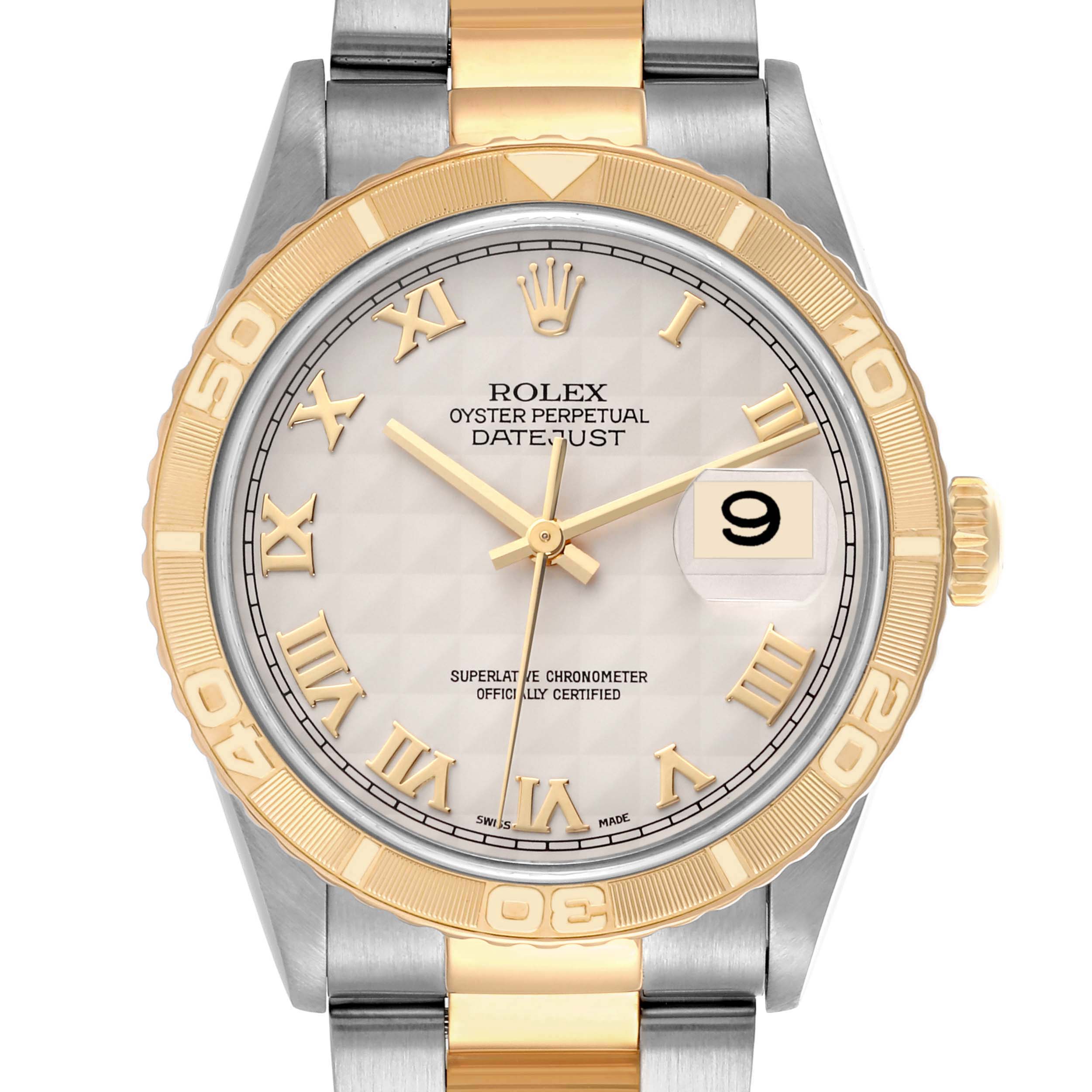The Rolex Turn-o-Graph 16263 Men's Steel and Gold (two tone) White Dial 16263 Men's Steel and Gold (two tone) White Dial watch is shown from a top-down angle, highlighting the face, bezel, and part of the bracelet.