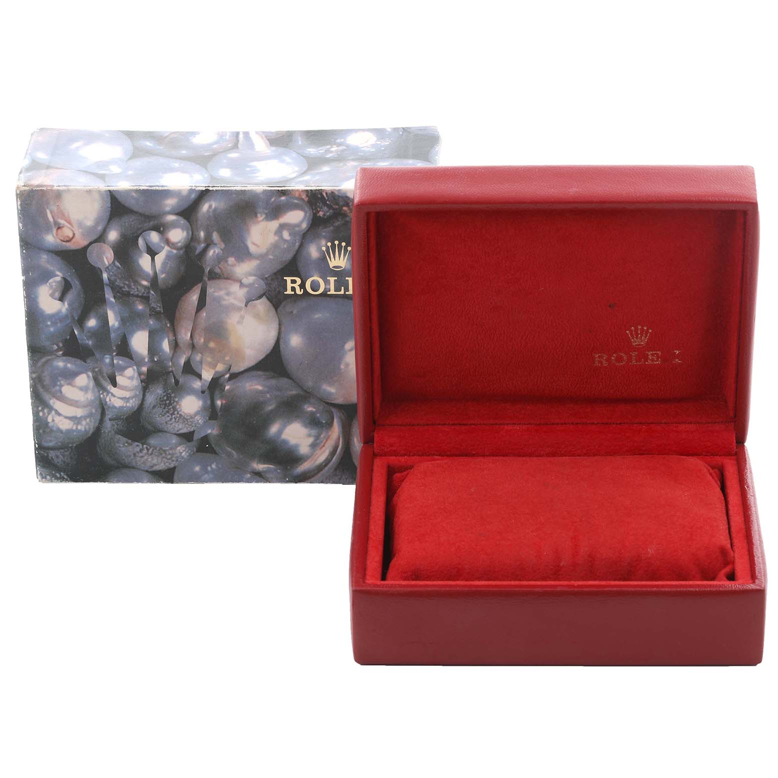 The image shows a Rolex Datejust 69173 Women's Steel and Gold (two tone) White Dial 69173 Women's Steel and Gold (two tone) White Dial watch box and cushion, angled to display both open.