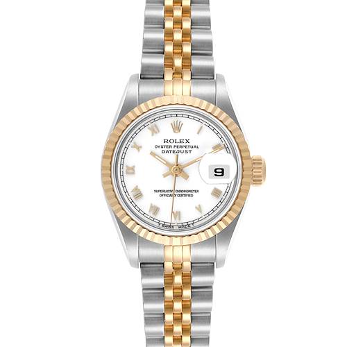 The Rolex Datejust watch is shown from a front angle, featuring its gold fluted bezel and two-tone jubilee bracelet.