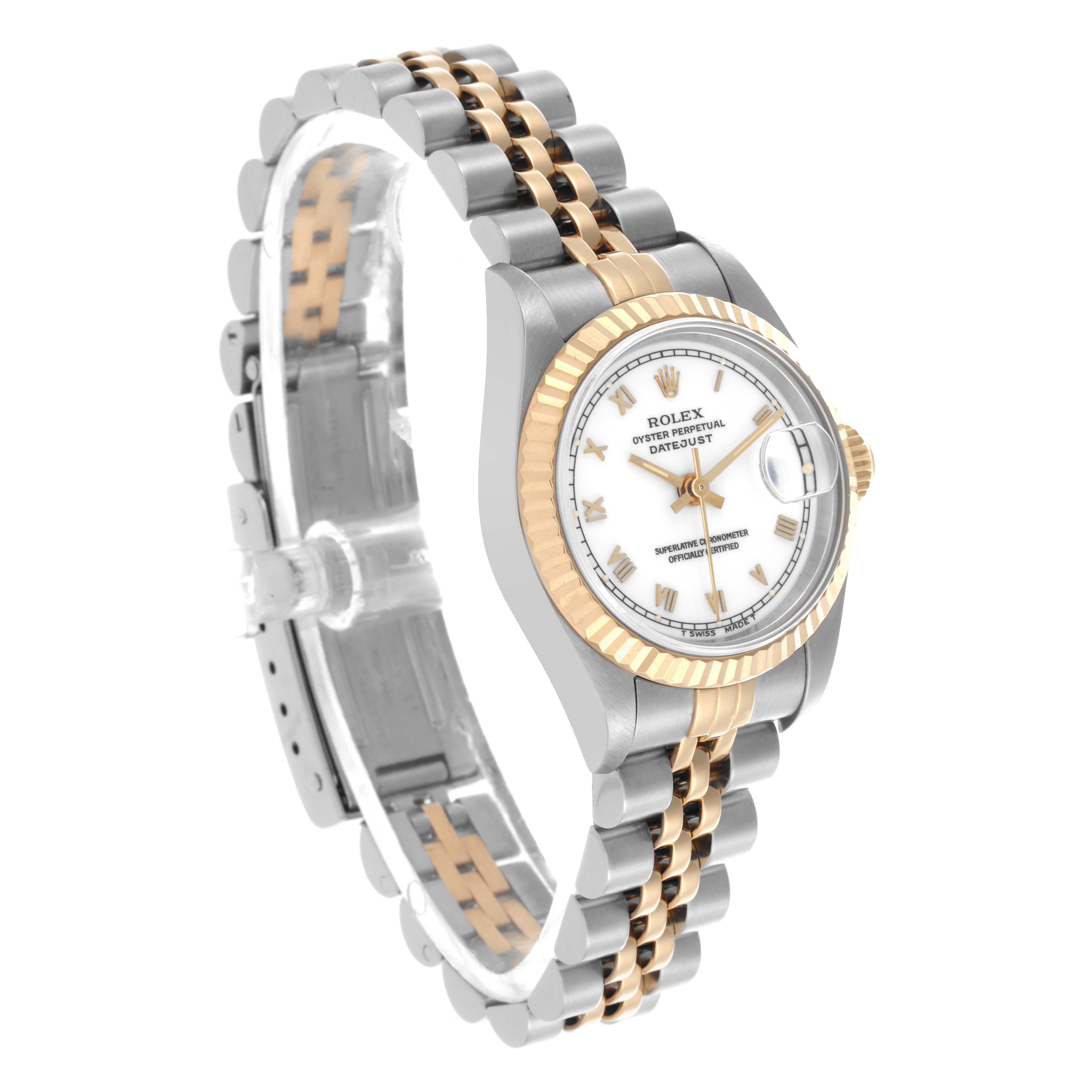 The Rolex Datejust 69173 Women's Steel and Gold (two tone) White Dial 69173 Women's Steel and Gold (two tone) White Dial watch is shown at a three-quarter angle, displaying the dial, bezel, and bracelet.