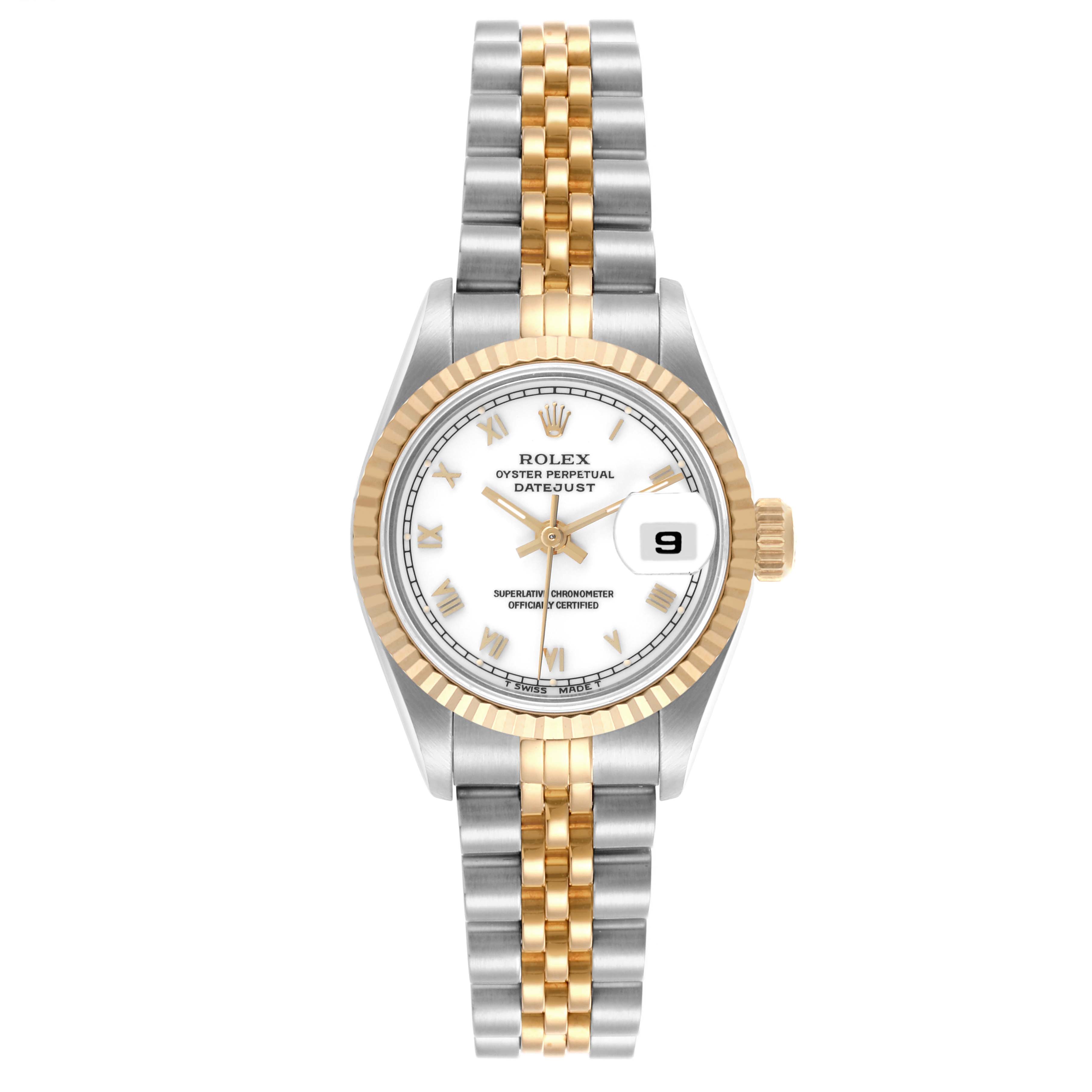 The Rolex Datejust 69173 Women's Steel and Gold (two tone) White Dial 69173 Women's Steel and Gold (two tone) White Dial watch is shown from the front, displaying its face, case, dial, bezel, and two-tone bracelet.