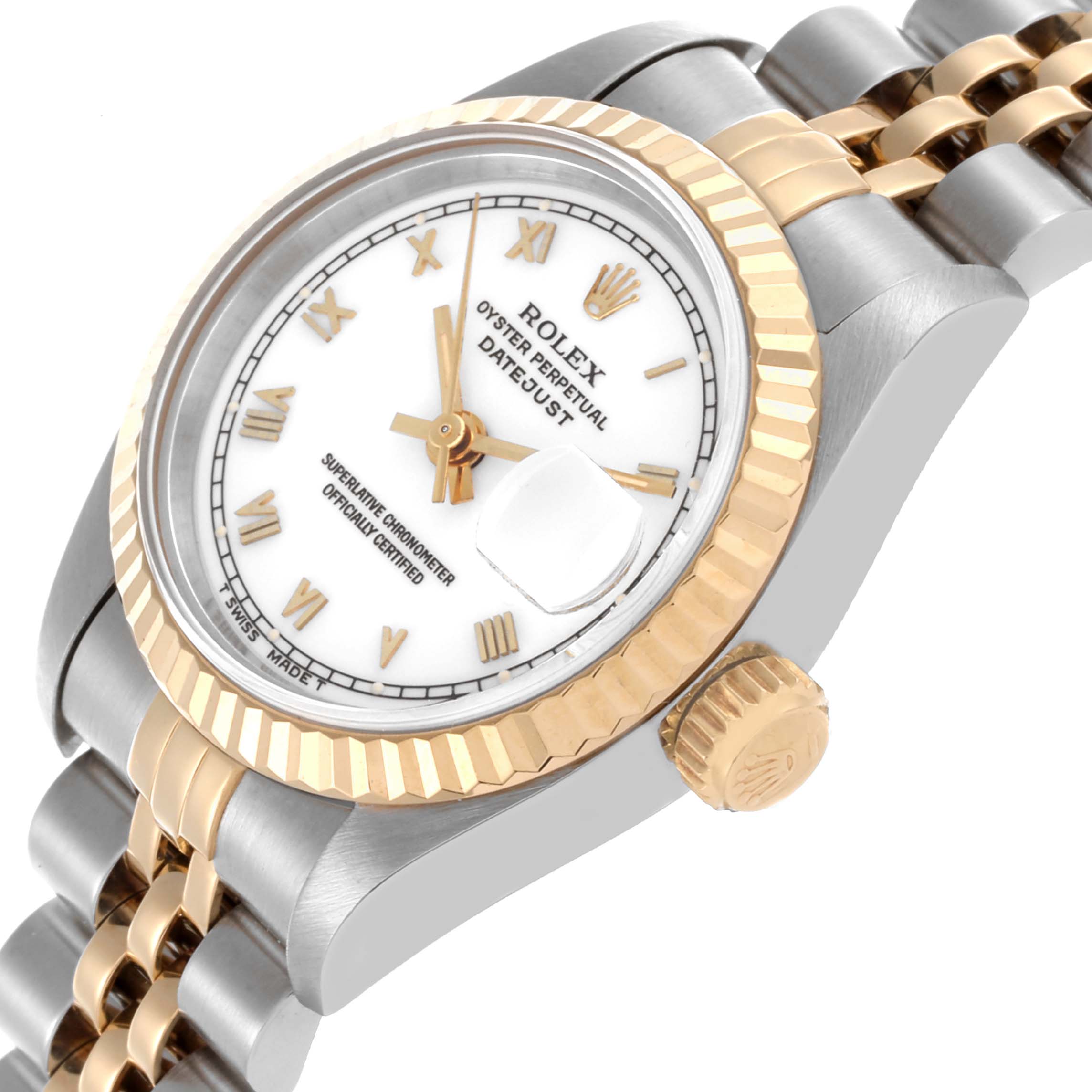 The Rolex Datejust 69173 Women's Steel and Gold (two tone) White Dial 69173 Women's Steel and Gold (two tone) White Dial watch is shown at an angled close-up, highlighting the dial, fluted bezel, and part of the bracelet.