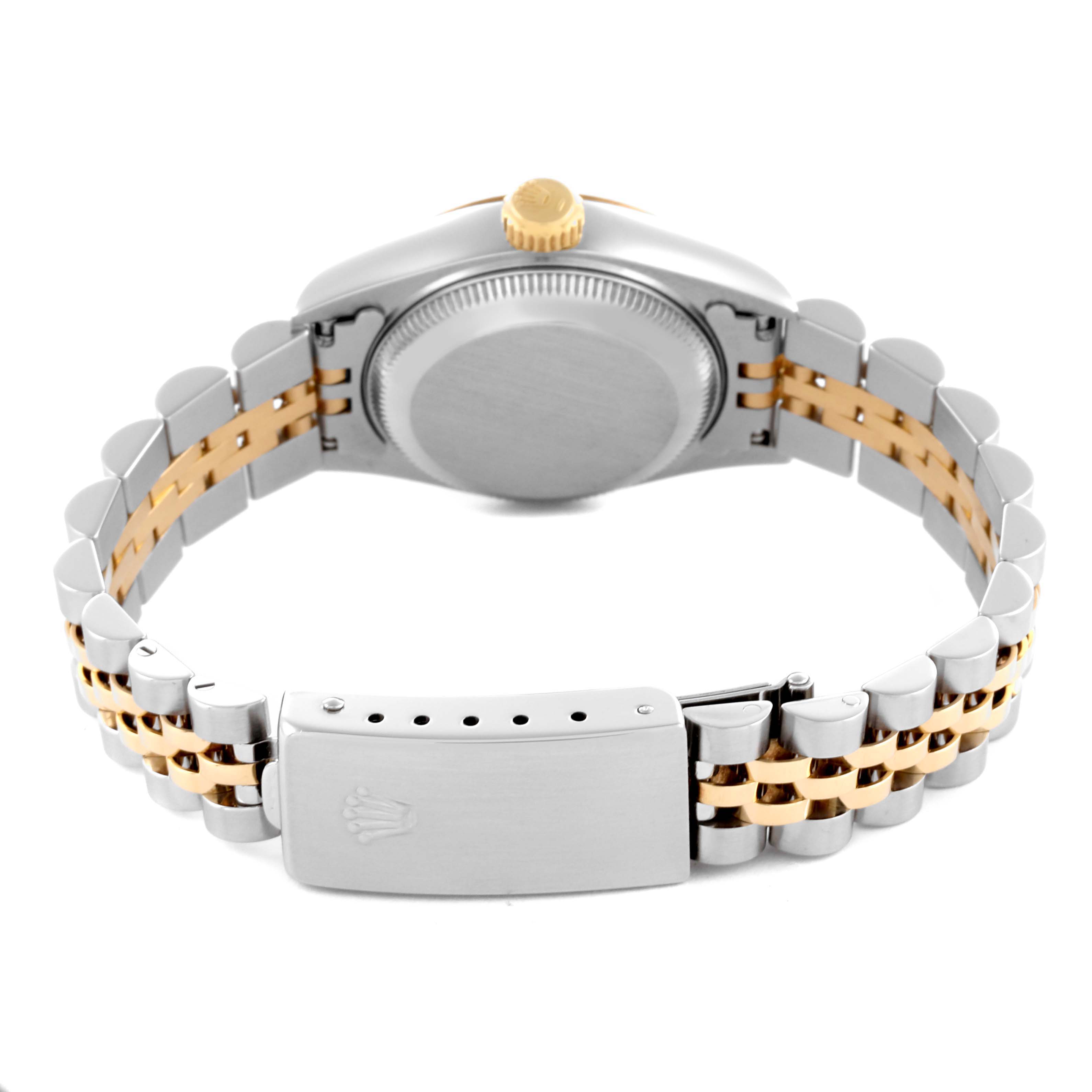 The Rolex Datejust 69173 Women's Steel and Gold (two tone) White Dial 69173 Women's Steel and Gold (two tone) White Dial watch is shown from the back, highlighting its two-tone bracelet and clasp.