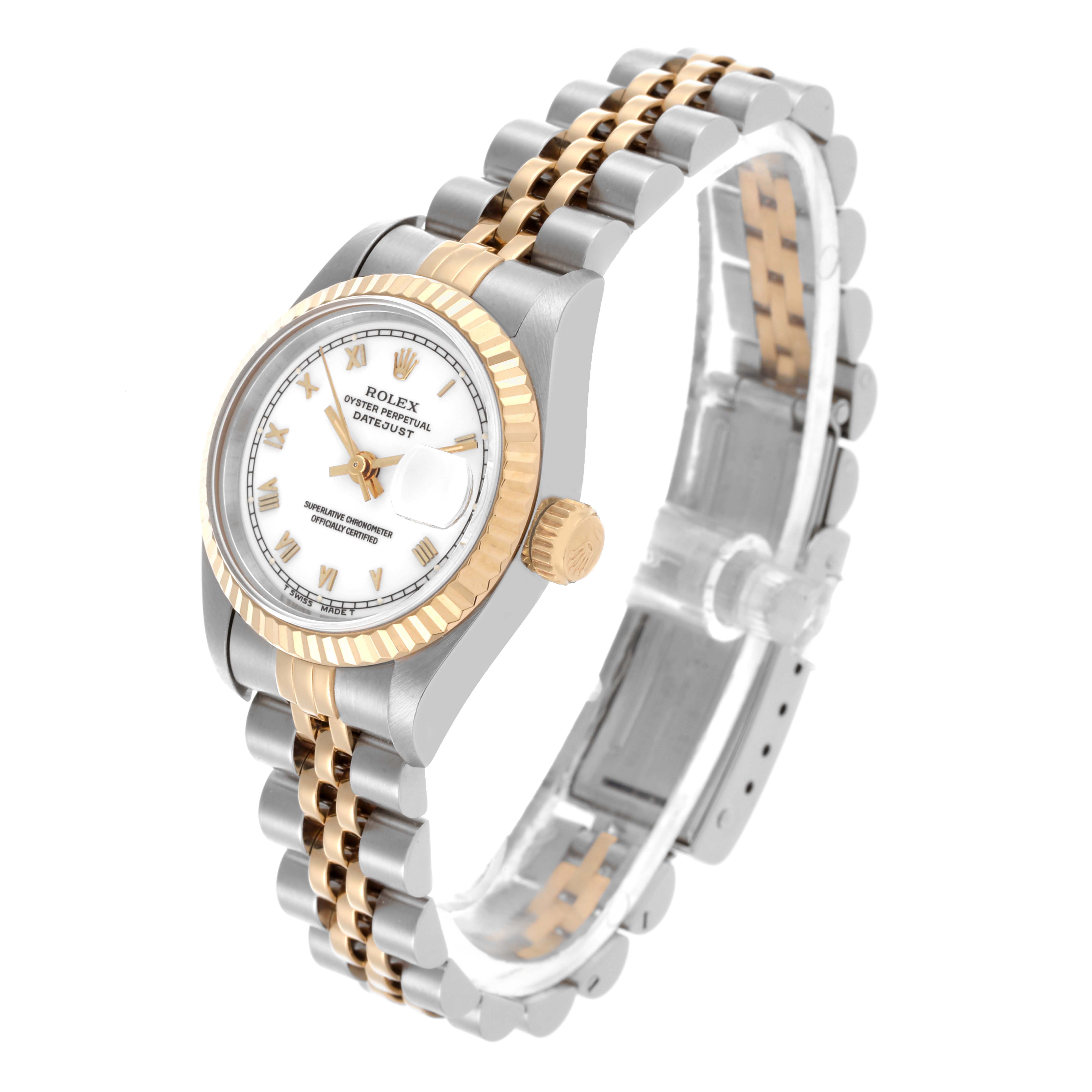 The Rolex Datejust 69173 Women's Steel and Gold (two tone) White Dial 69173 Women's Steel and Gold (two tone) White Dial watch is shown at a three-quarter angle, highlighting the dial, bezel, crown, and two-tone bracelet.