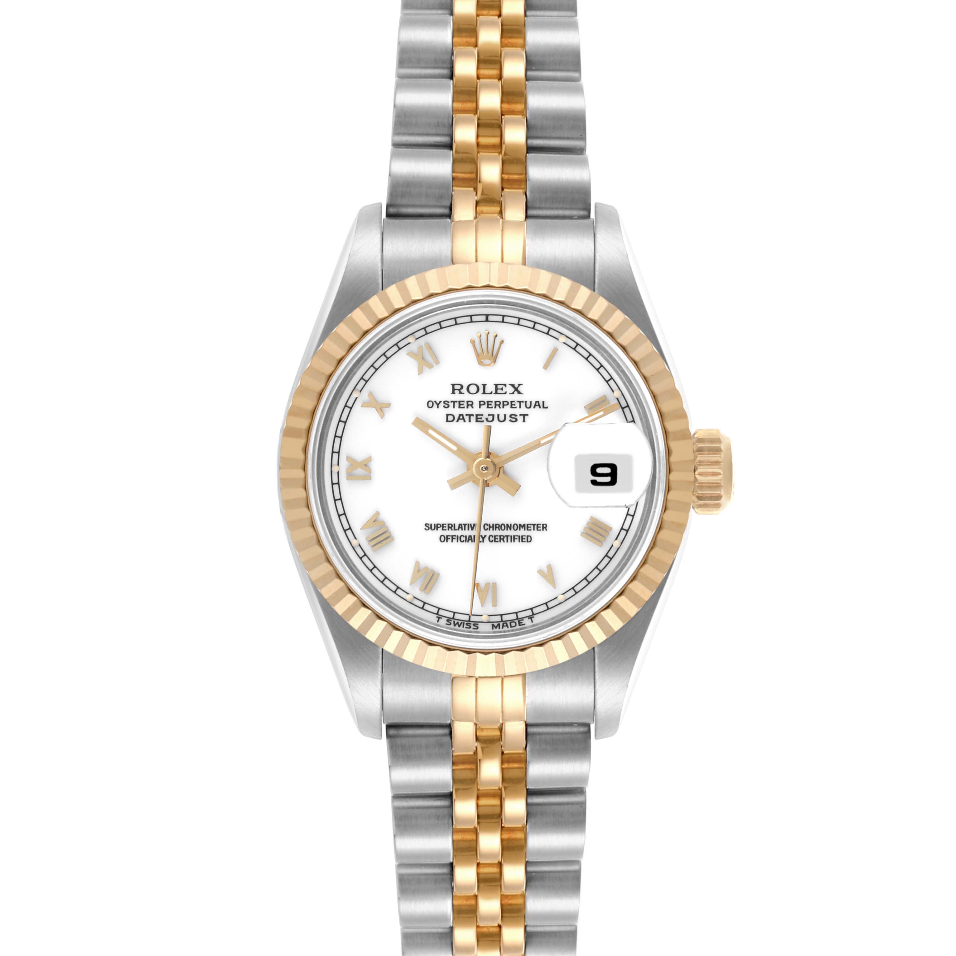 The Rolex Datejust 69173 Women's Steel and Gold (two tone) White Dial 69173 Women's Steel and Gold (two tone) White Dial watch is shown from the front, displaying the face, bezel, hands, bracelet, and date window.