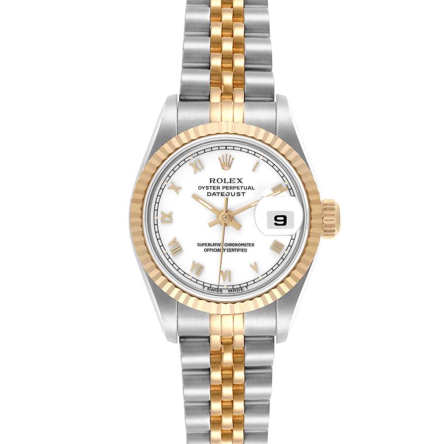 The Rolex Datejust watch is shown from the front, displaying the face, bezel, hands, bracelet, and date window.