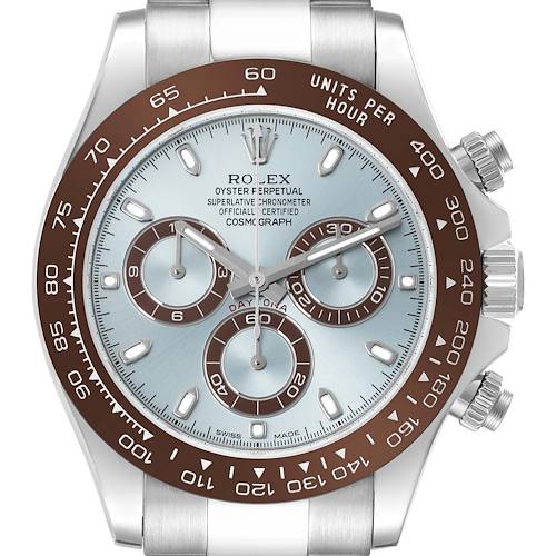 The Rolex Daytona watch is shown from the front, displaying the dial, bezel, and pushers.