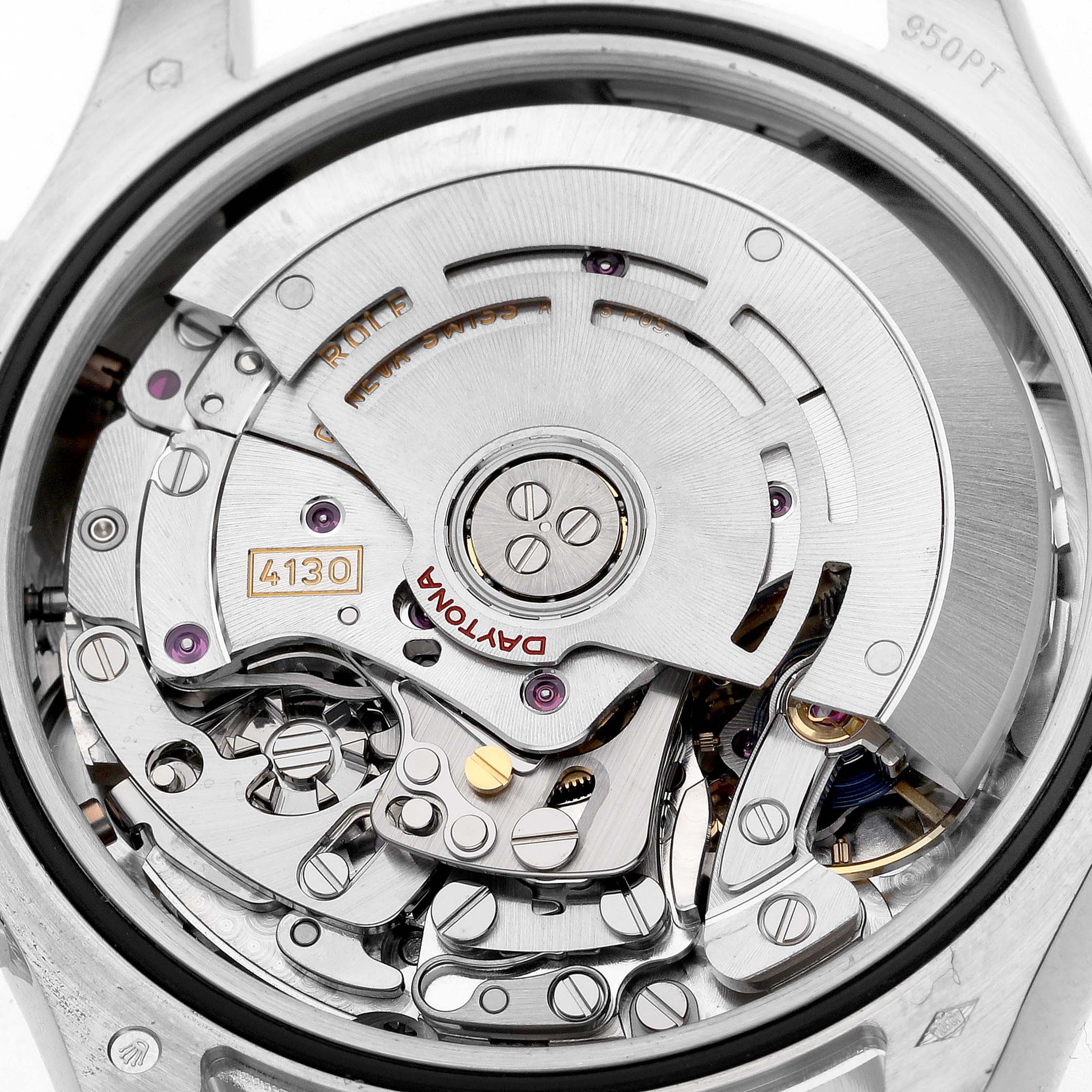 The image shows the intricate movement mechanism of a Rolex Daytona 116506 Men's Platinum Blue Dial 116506 Men's Platinum Blue Dial watch from the back.