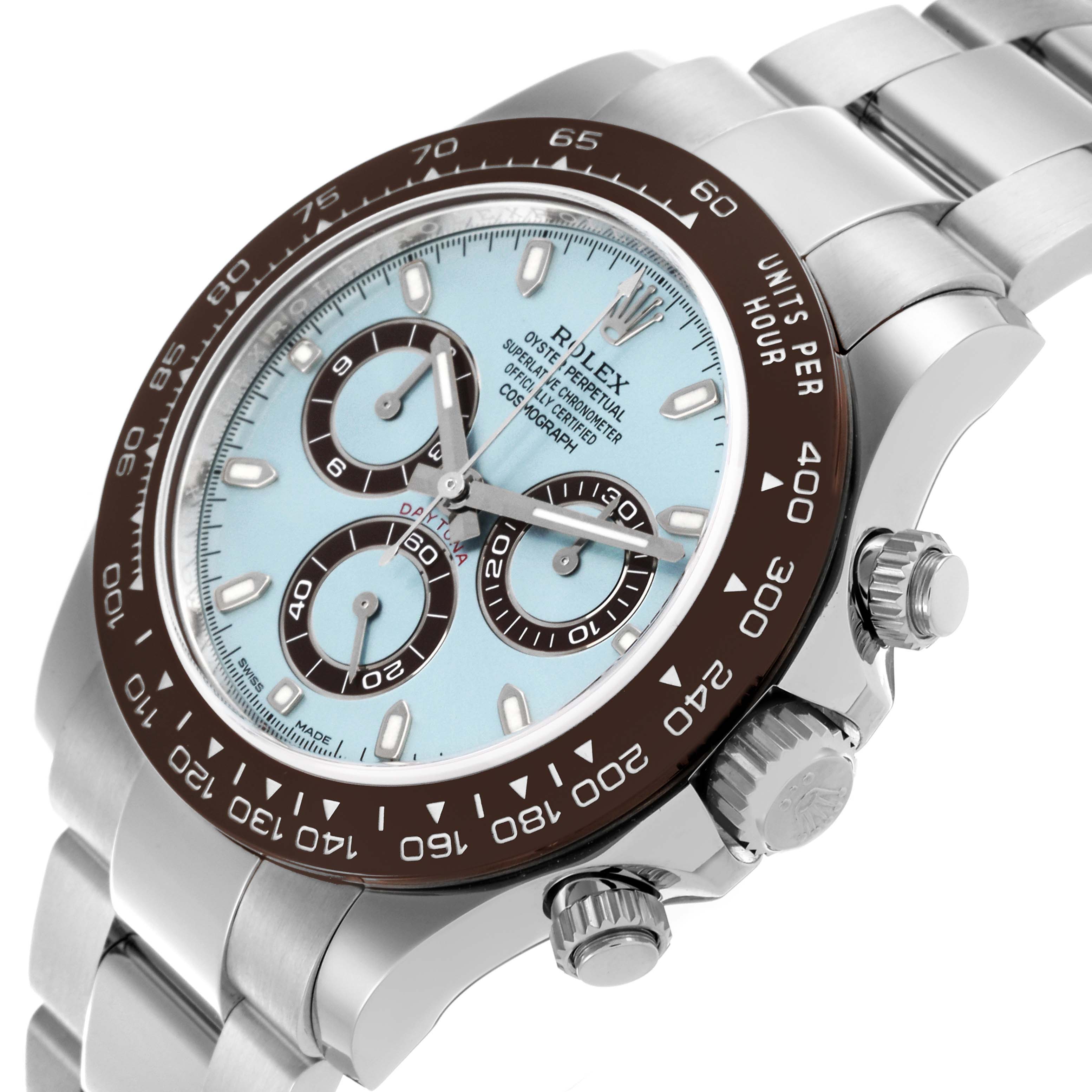 The Rolex Daytona 116506 Men's Platinum Blue Dial 116506 Men's Platinum Blue Dial is shown at a slight angle, highlighting the watch face, bezel, and side buttons.