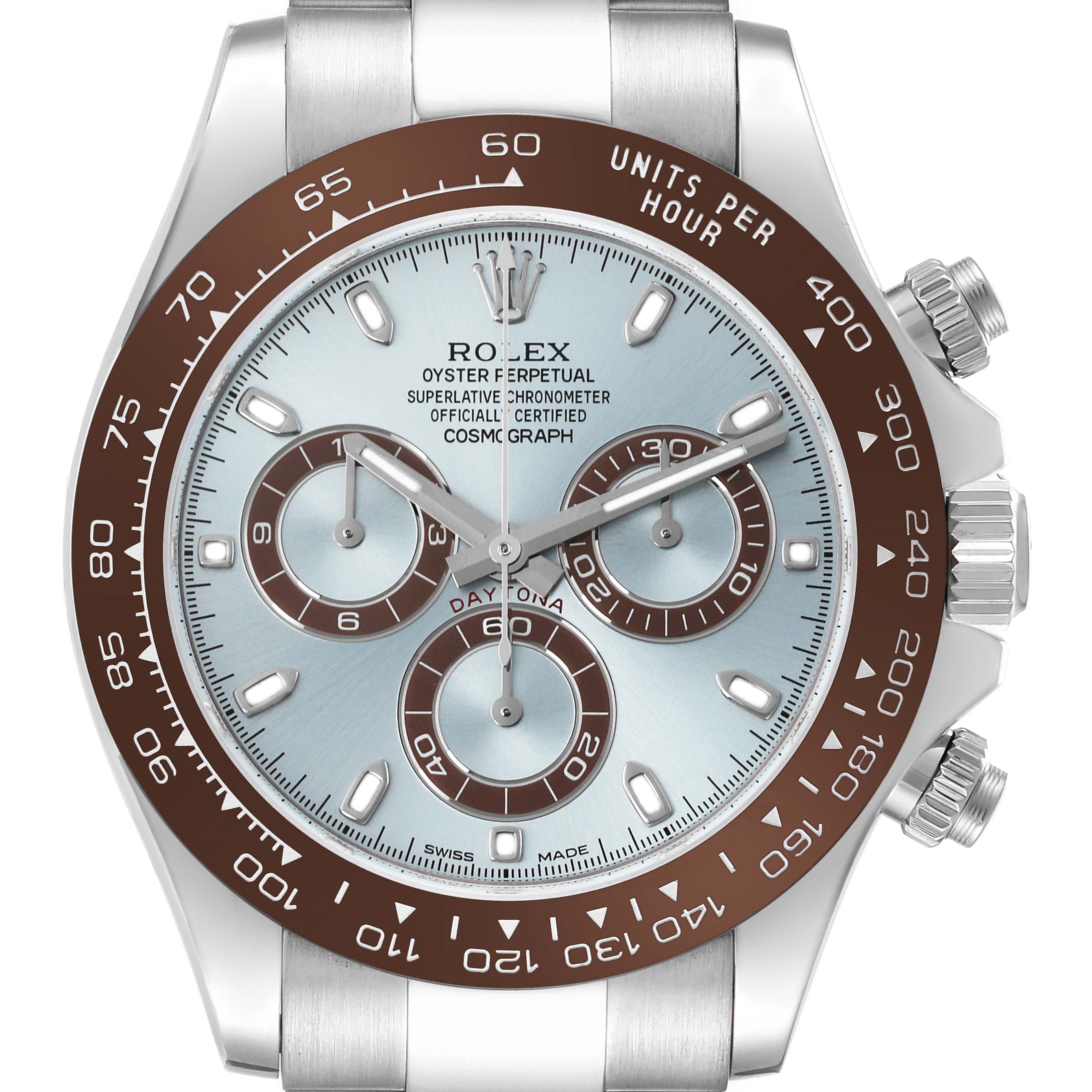 The Rolex Daytona 116506 Men's Platinum Blue Dial 116506 Men's Platinum Blue Dial watch is shown from the front, displaying the dial, bezel, and pushers clearly.