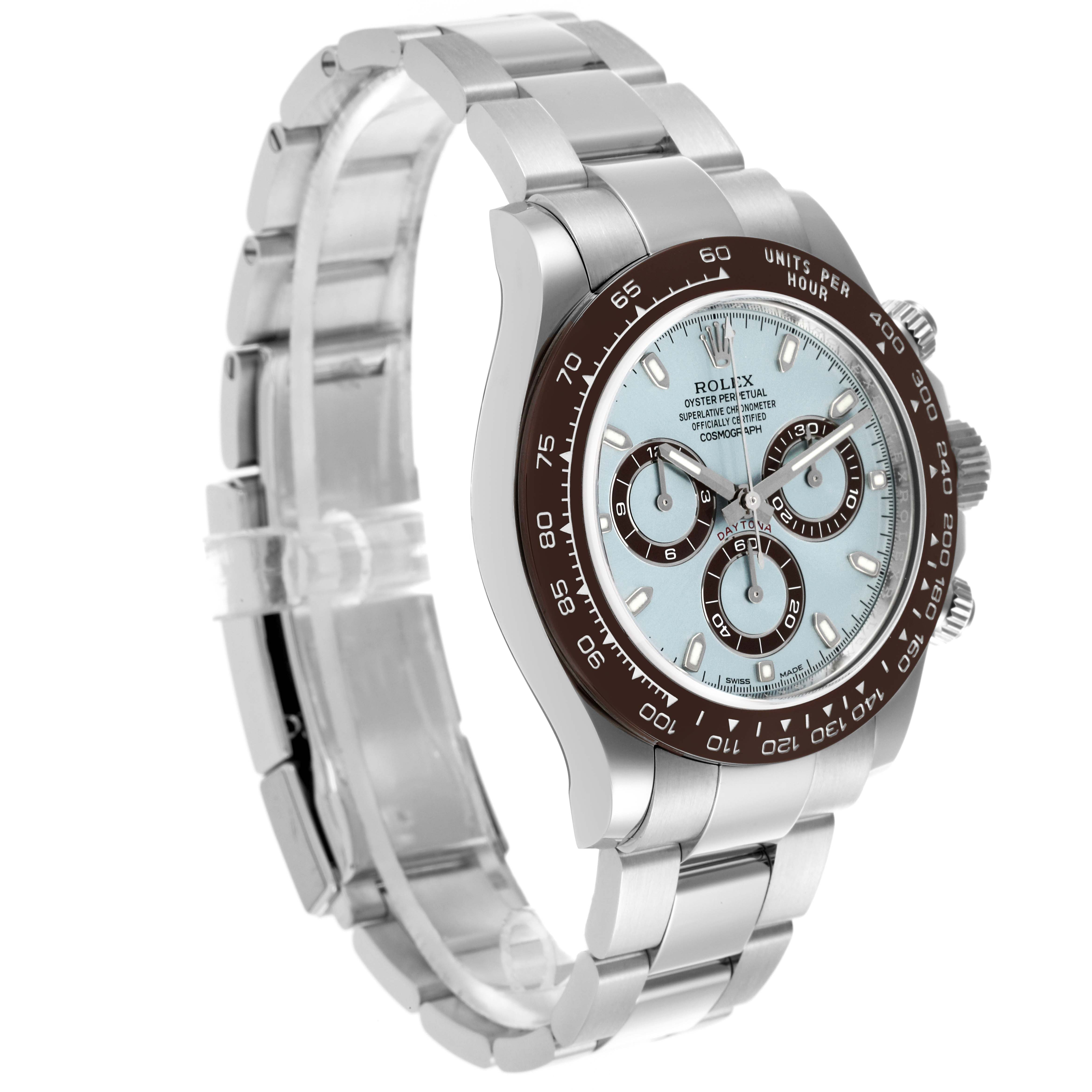 The Rolex Daytona 116506 Men's Platinum Blue Dial 116506 Men's Platinum Blue Dial is shown at a slight side angle, displaying the face, bezel, and bracelet.