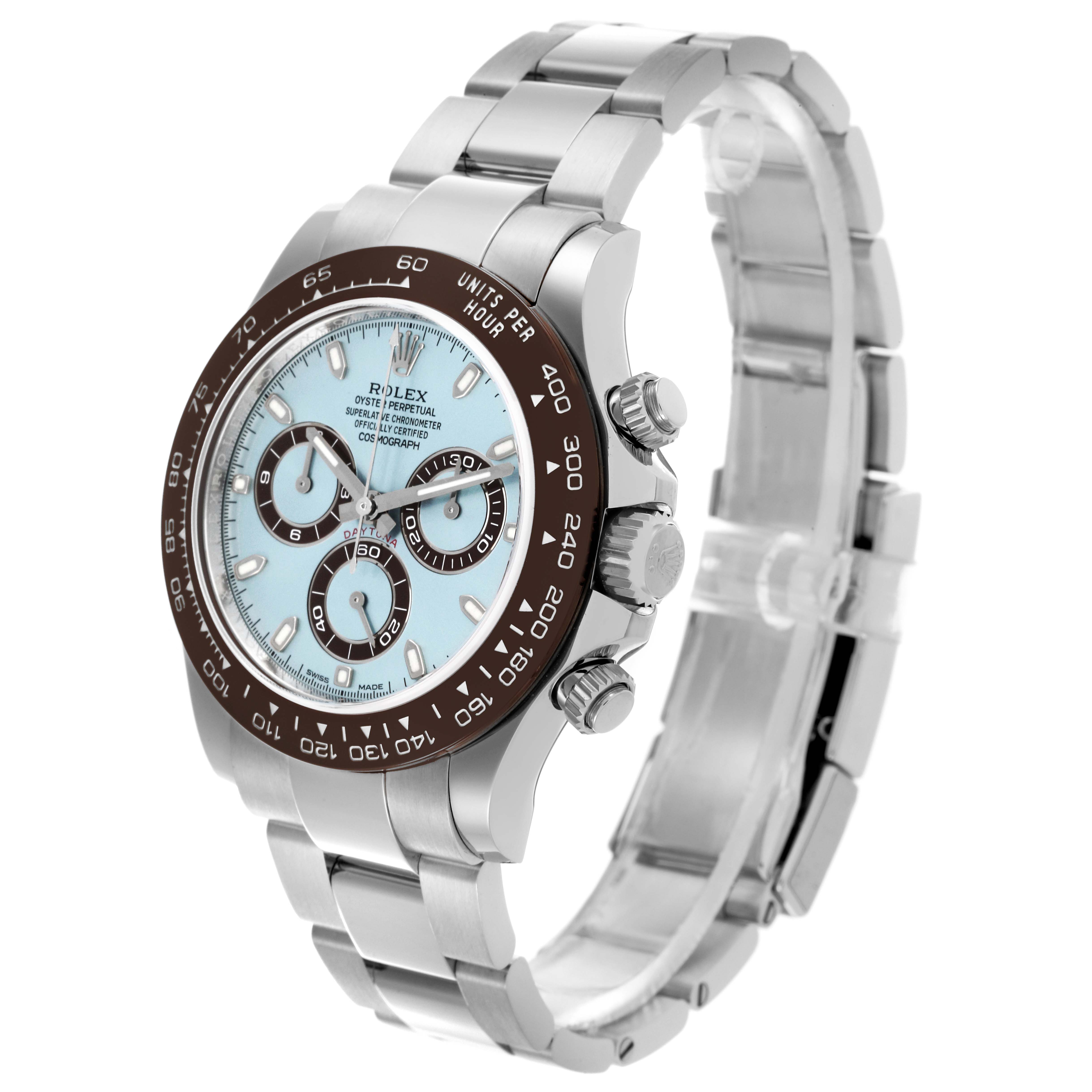 The Rolex Daytona 116506 Men's Platinum Blue Dial 116506 Men's Platinum Blue Dial watch is shown at an angled side view, displaying the face, bezel, and part of the bracelet.