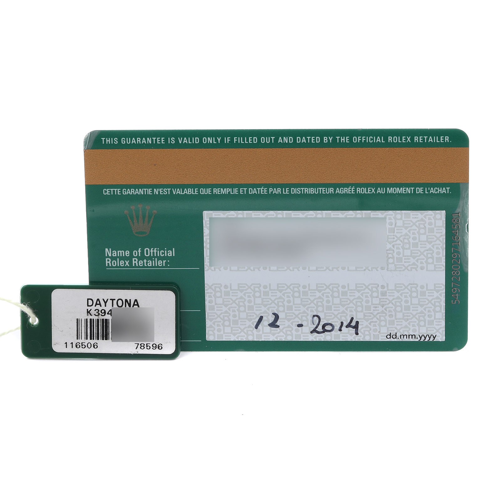 The image shows a Rolex Daytona 116506 Men's Platinum Blue Dial 116506 Men's Platinum Blue Dial model guarantee card and tag, viewed from the front.