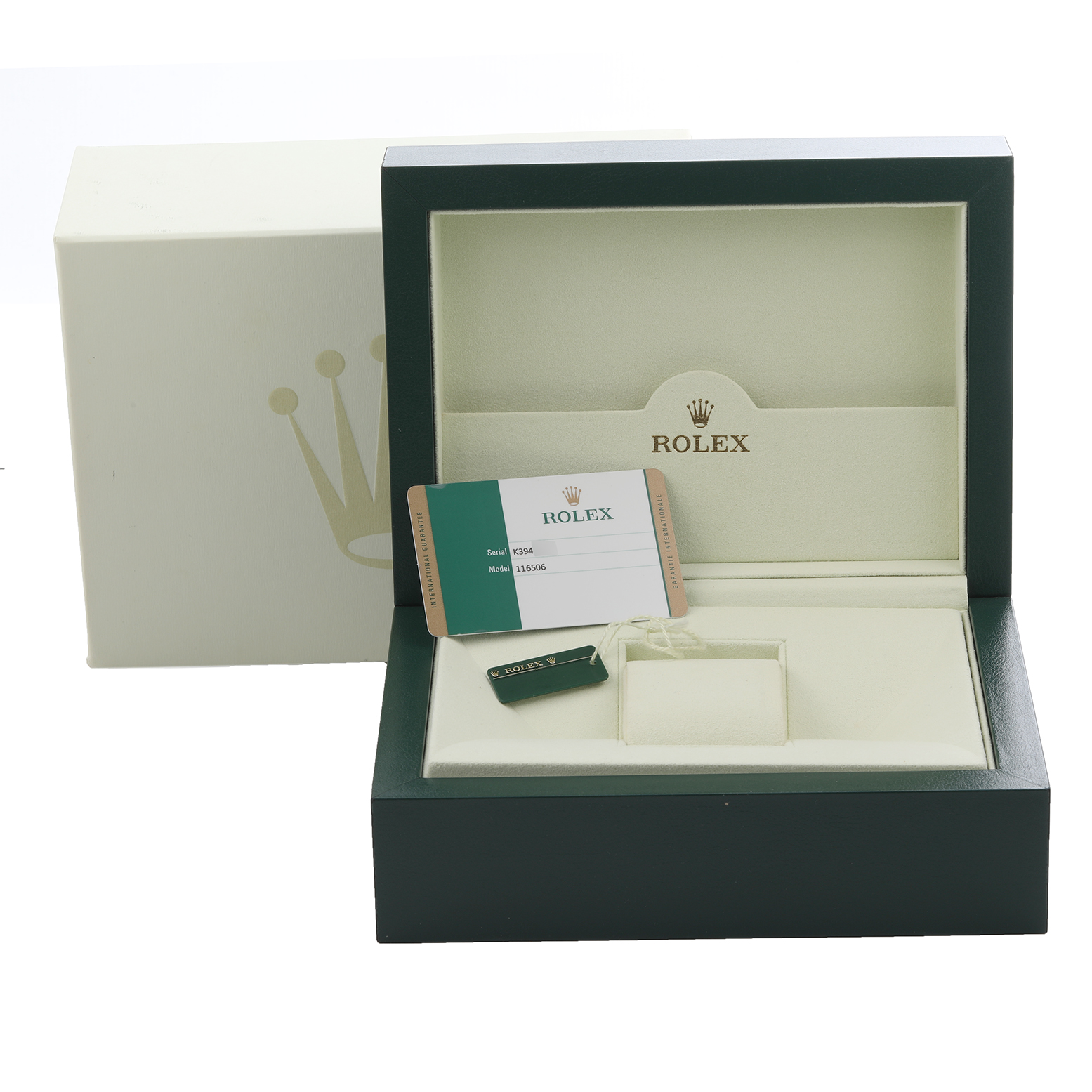 The image shows a Rolex Daytona 116506 Men's Platinum Blue Dial 116506 Men's Platinum Blue Dial watch box, with an open lid displaying the inner packaging and a model card.