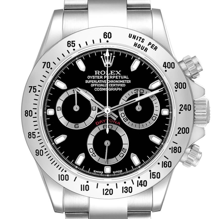 The Rolex Daytona 116520 Men's Stainless Steel Black Dial is shown from the front, highlighting its dial, bezel, and chronograph sub-dials.