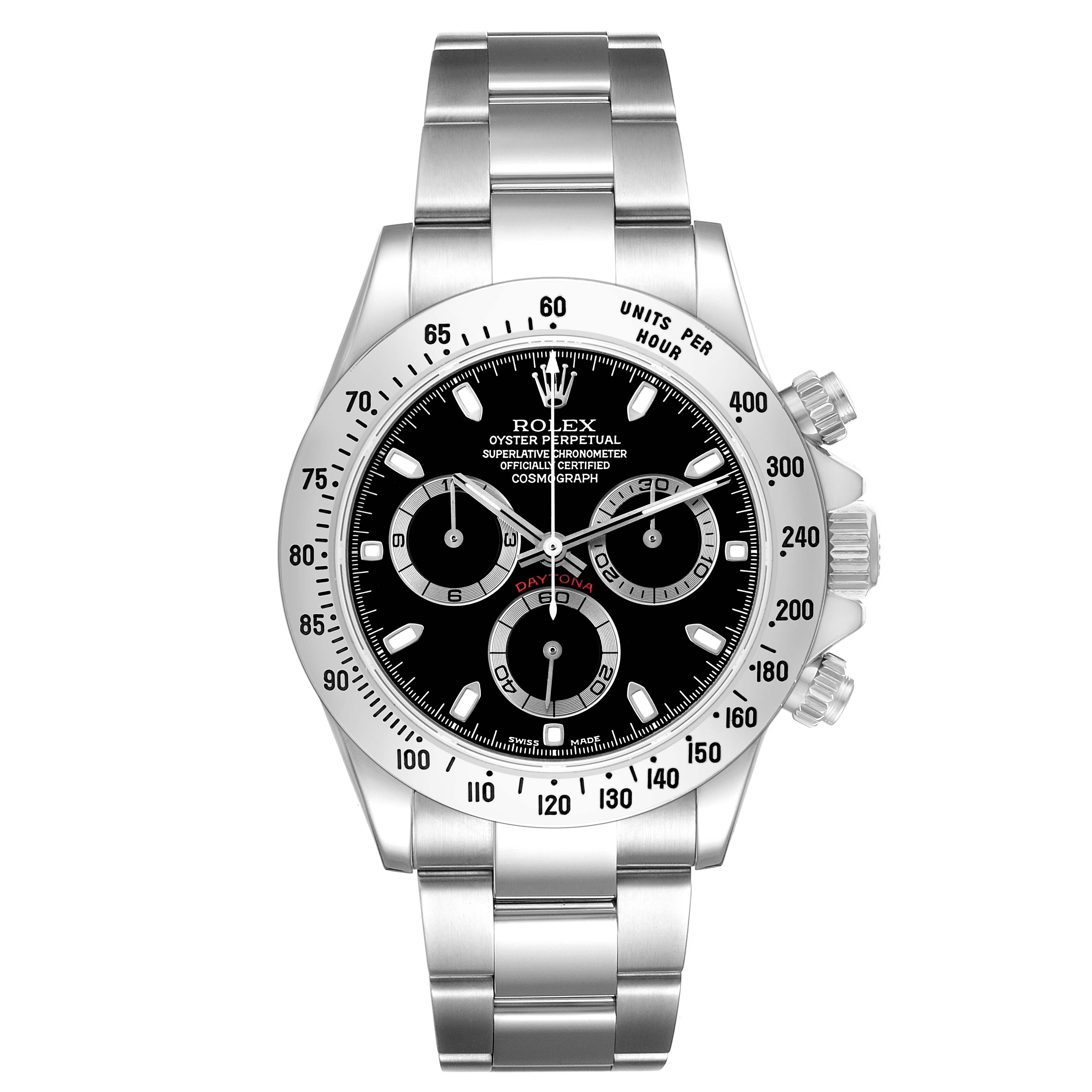 The Rolex Daytona 116520 Men's Stainless Steel Black Dial watch is shown from a front angle, highlighting the face, bezel, and bracelet.
