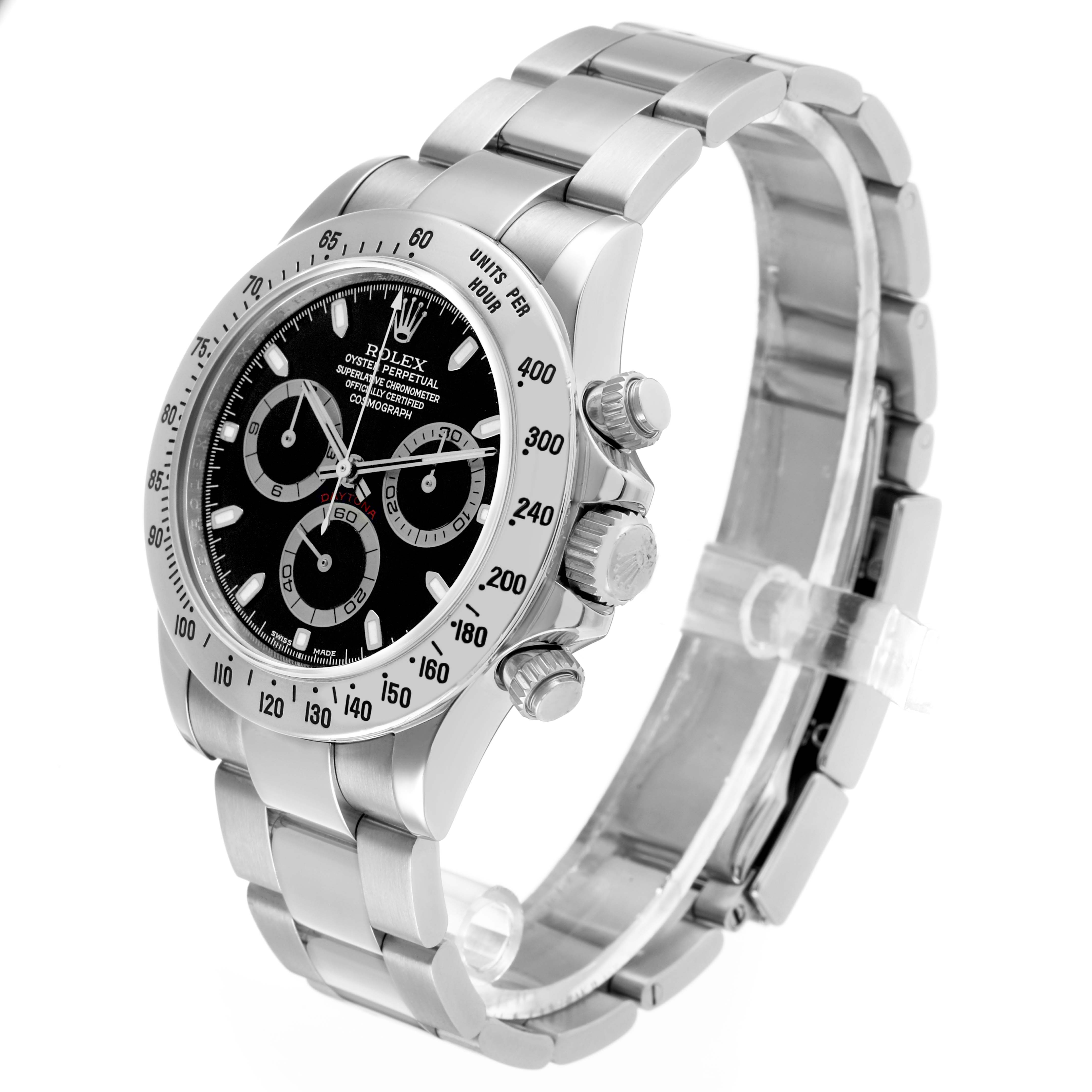 This Rolex Daytona 116520 Men's Stainless Steel Black Dial watch is shown at a three-quarter angle, displaying the face, bezel, crown, and part of the bracelet.