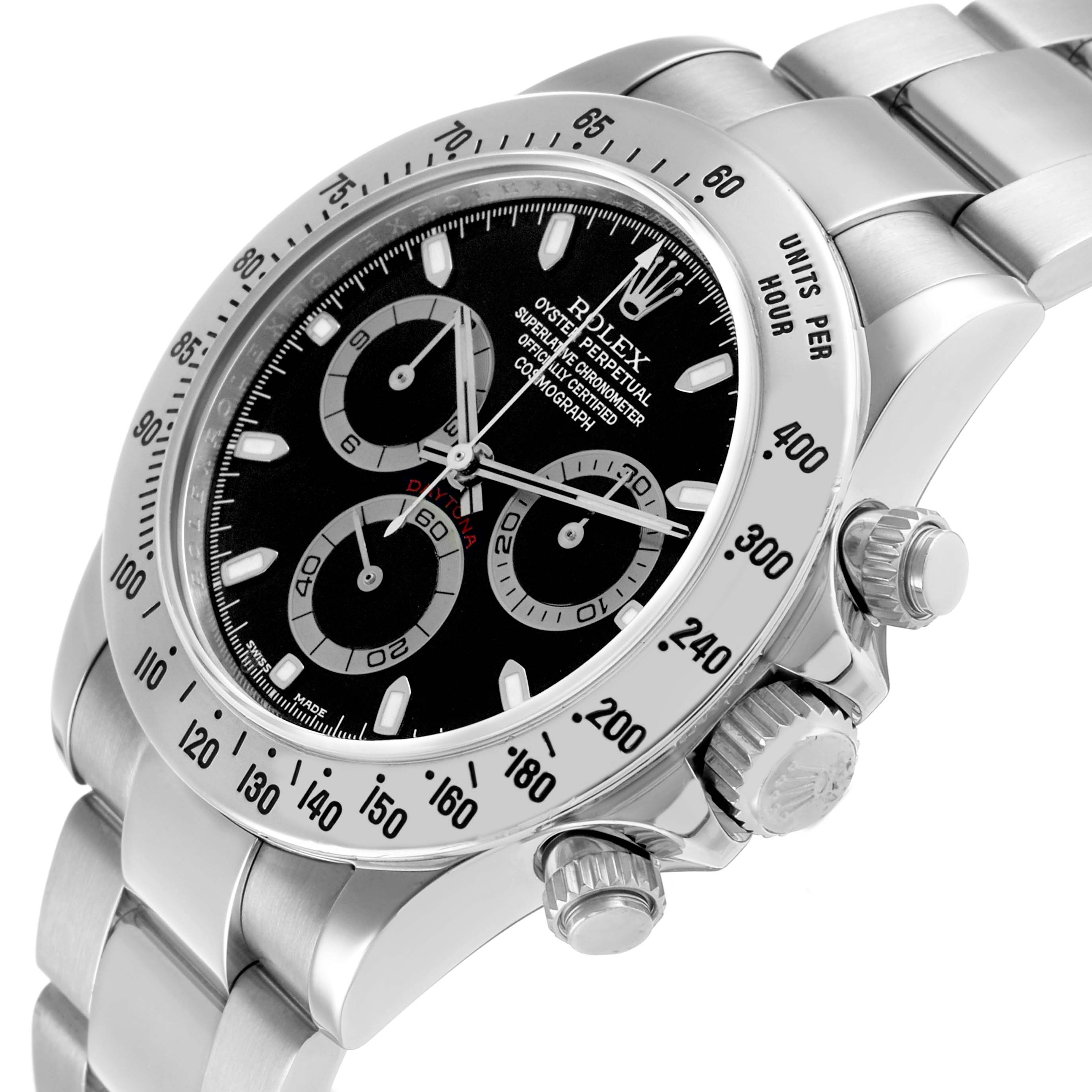 The Rolex Daytona 116520 Men's Stainless Steel Black Dial watch is shown at an angle highlighting the dial, bezel, pushers, and crown.
