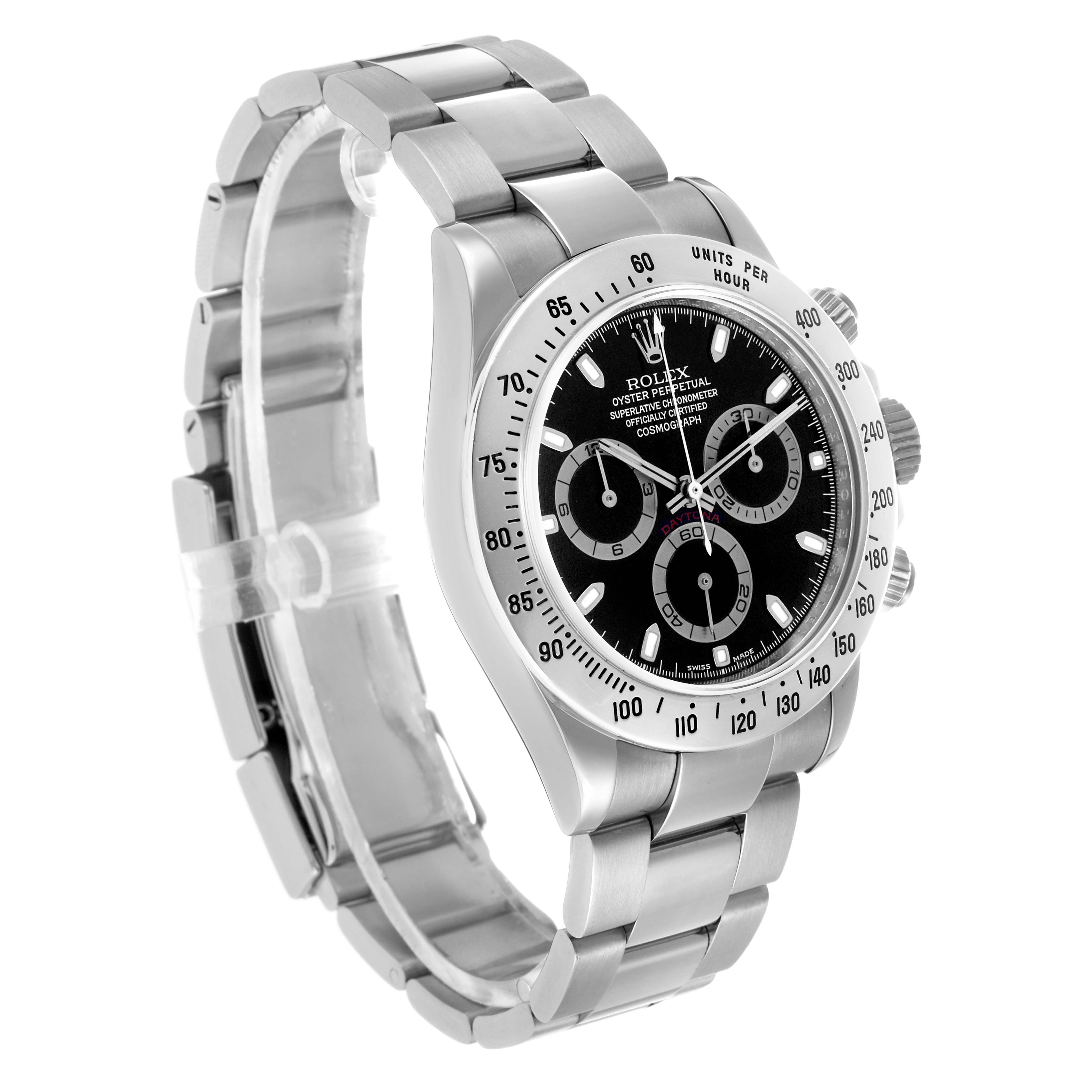 The Rolex Daytona 116520 Men's Stainless Steel Black Dial watch is shown at a slight angle, displaying its face, bezel, and full bracelet.