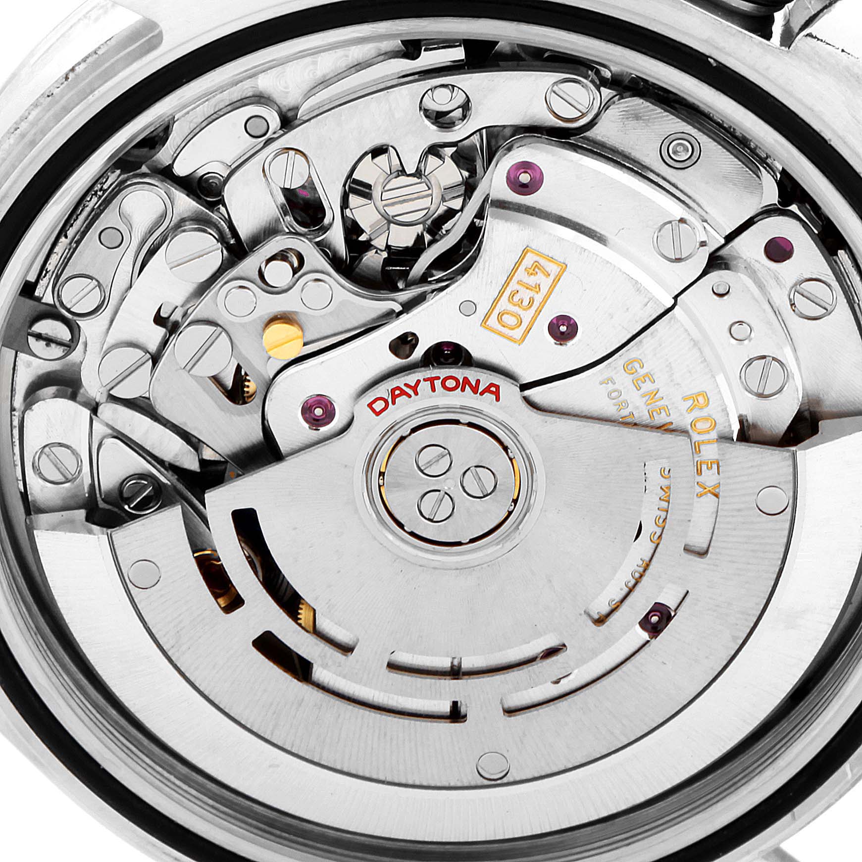 This close-up image shows the intricate internal movement of a Rolex Daytona 116520 Men's Stainless Steel White Dial 116520 Men's Stainless Steel White Dial watch.