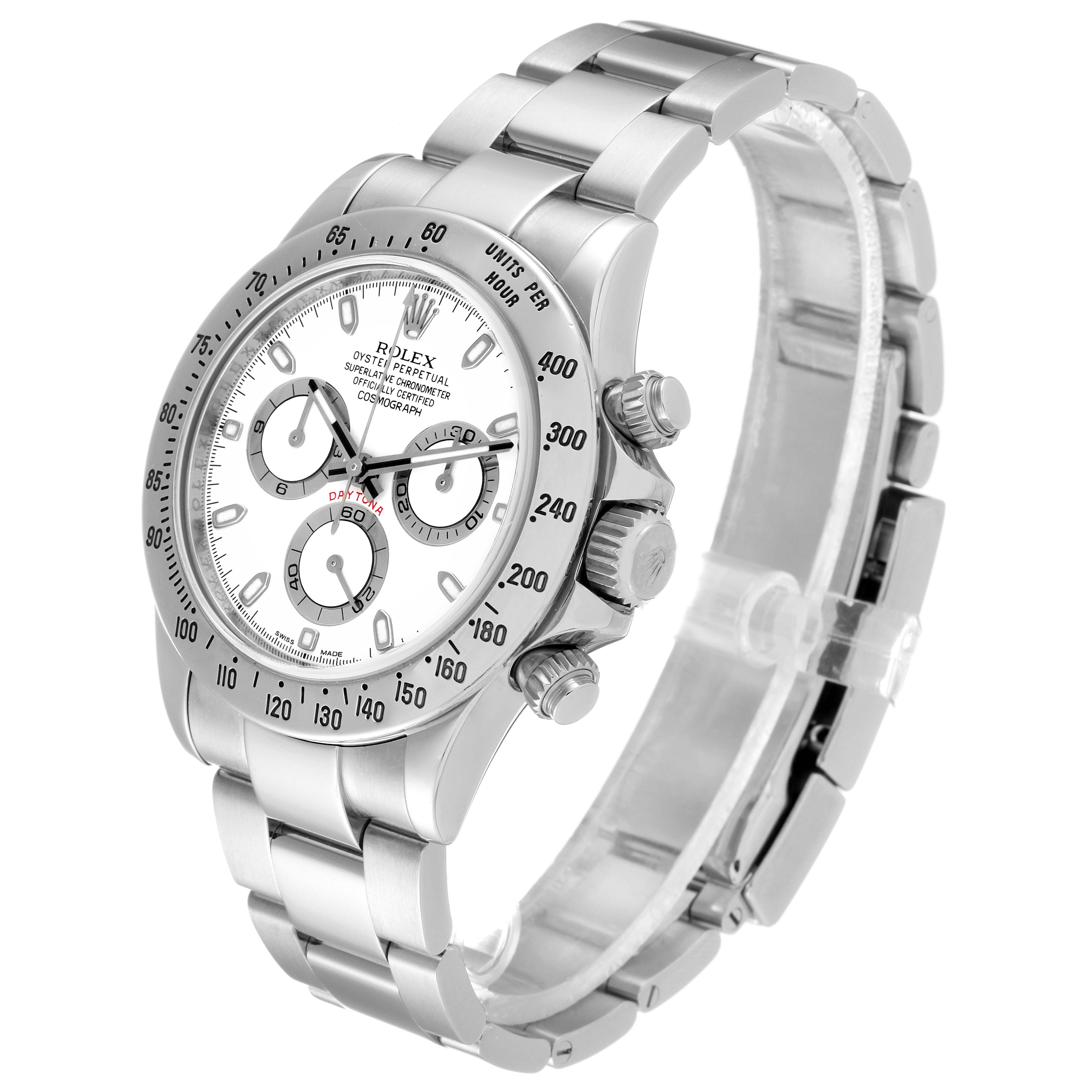 The image shows a side-angle view of the Rolex Daytona 116520 Men's Stainless Steel White Dial 116520 Men's Stainless Steel White Dial watch, highlighting the face, bezel, and stainless steel bracelet.