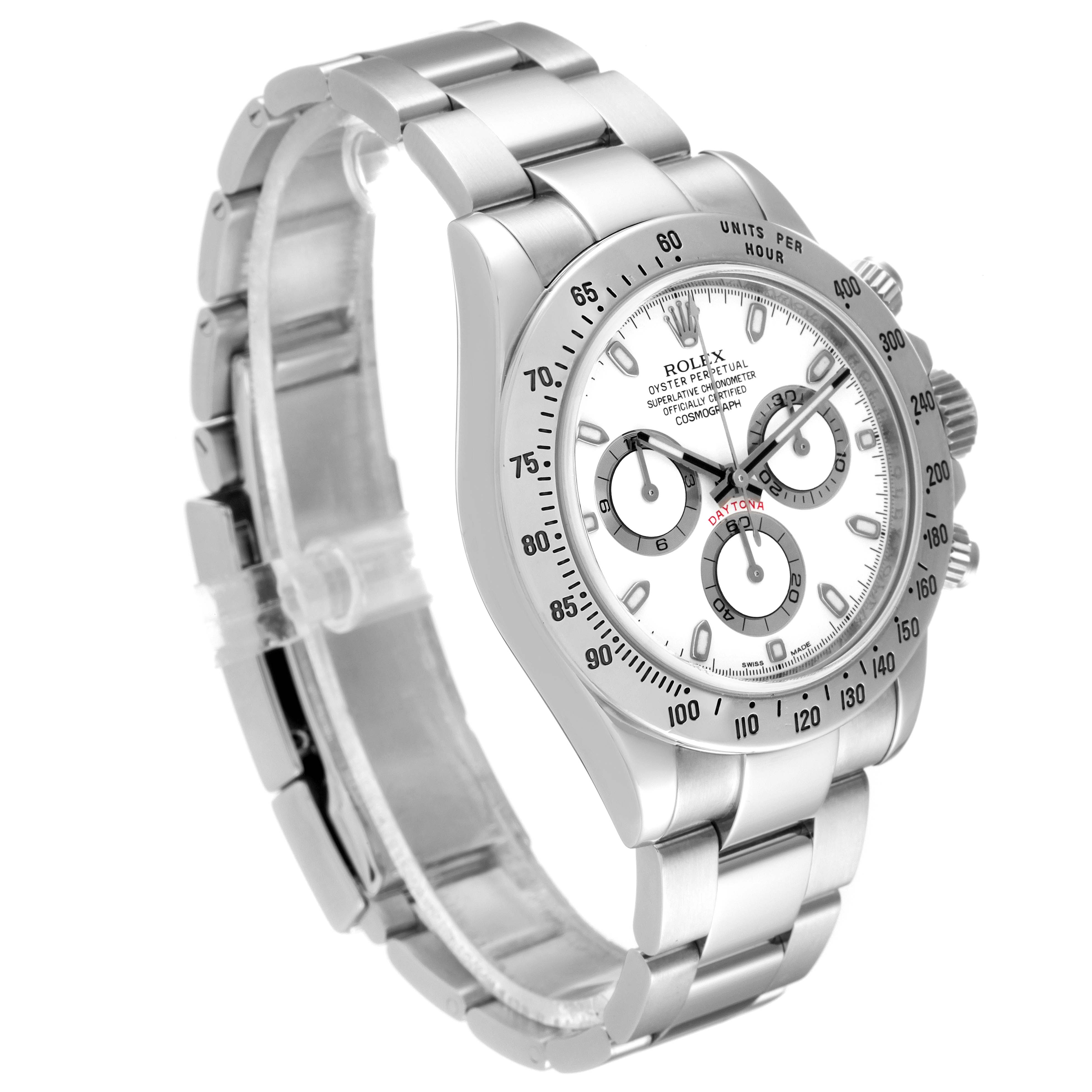 The Rolex Daytona 116520 Men's Stainless Steel White Dial 116520 Men's Stainless Steel White Dial watch is shown at a three-quarter angle, displaying the face, bezel, and bracelet.