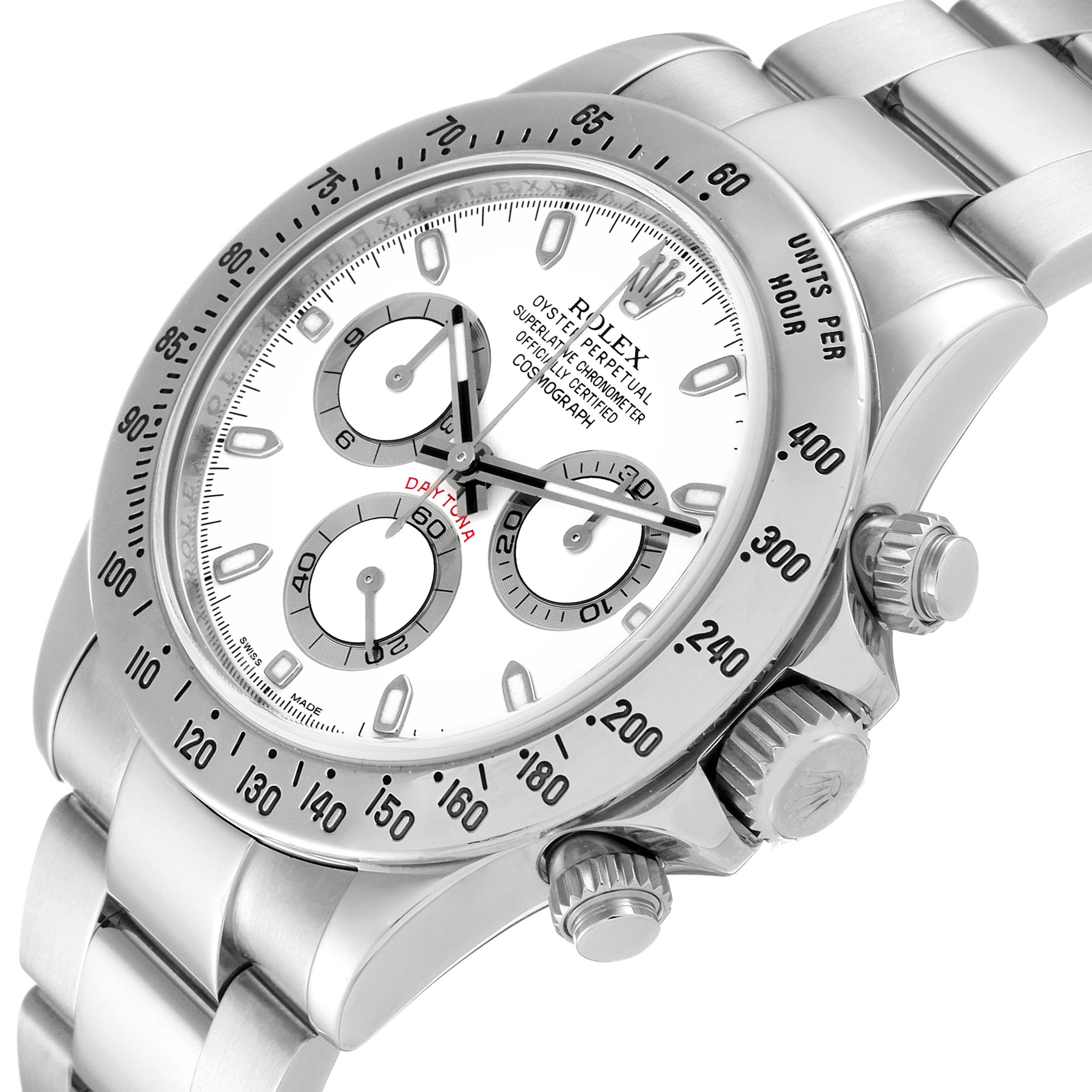 The image shows a close-up angle of the Rolex Daytona 116520 Men's Stainless Steel White Dial 116520 Men's Stainless Steel White Dial watch, highlighting the dial, bezel, and part of the bracelet.