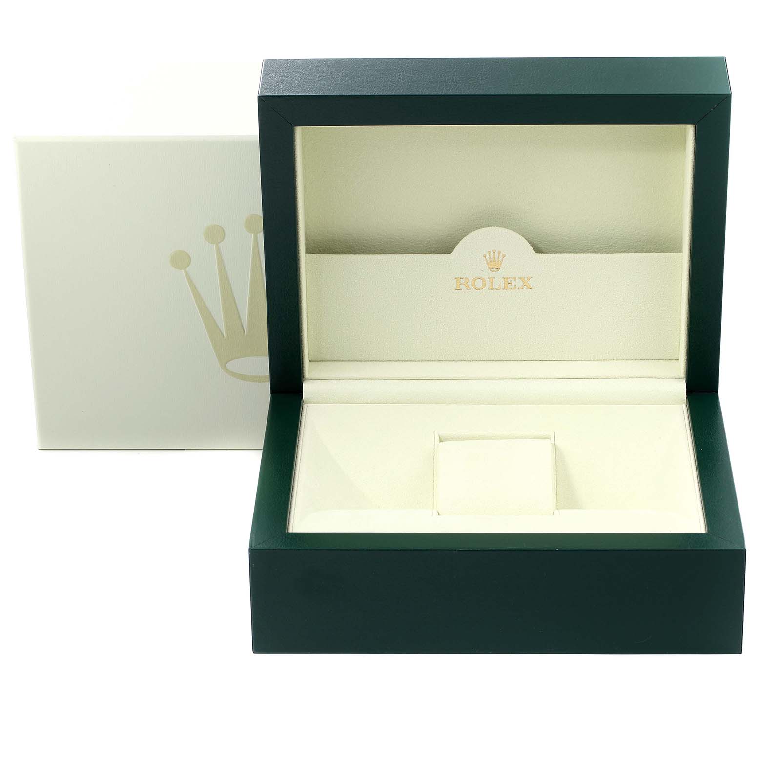 This is an open Rolex Daytona 116520 Men's Stainless Steel White Dial 116520 Men's Stainless Steel White Dial watch box, showing its interior with the Rolex logo and emblem visible.