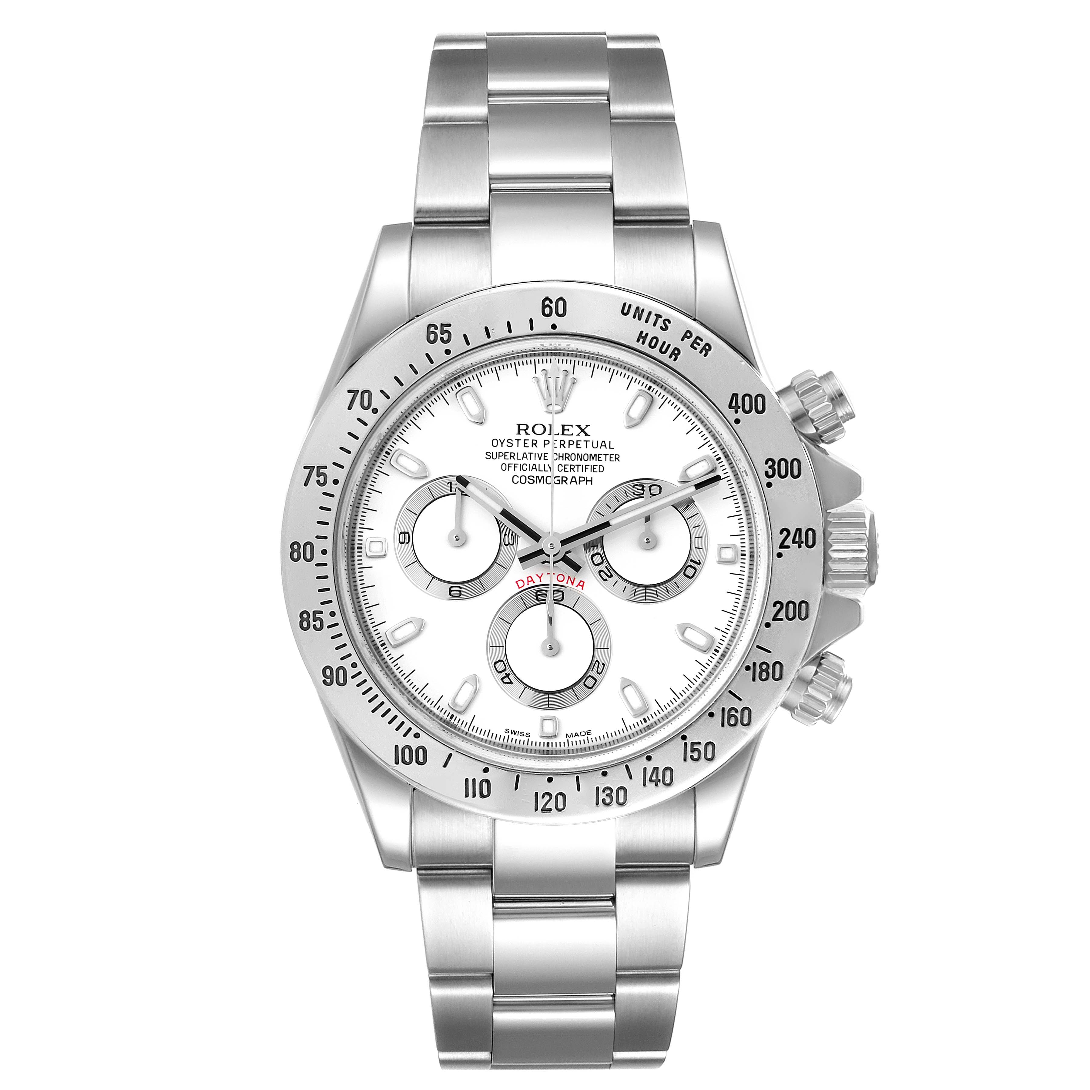 The Rolex Daytona 116520 Men's Stainless Steel White Dial 116520 Men's Stainless Steel White Dial watch is shown from a front angle, displaying the dial, bezel, and bracelet.