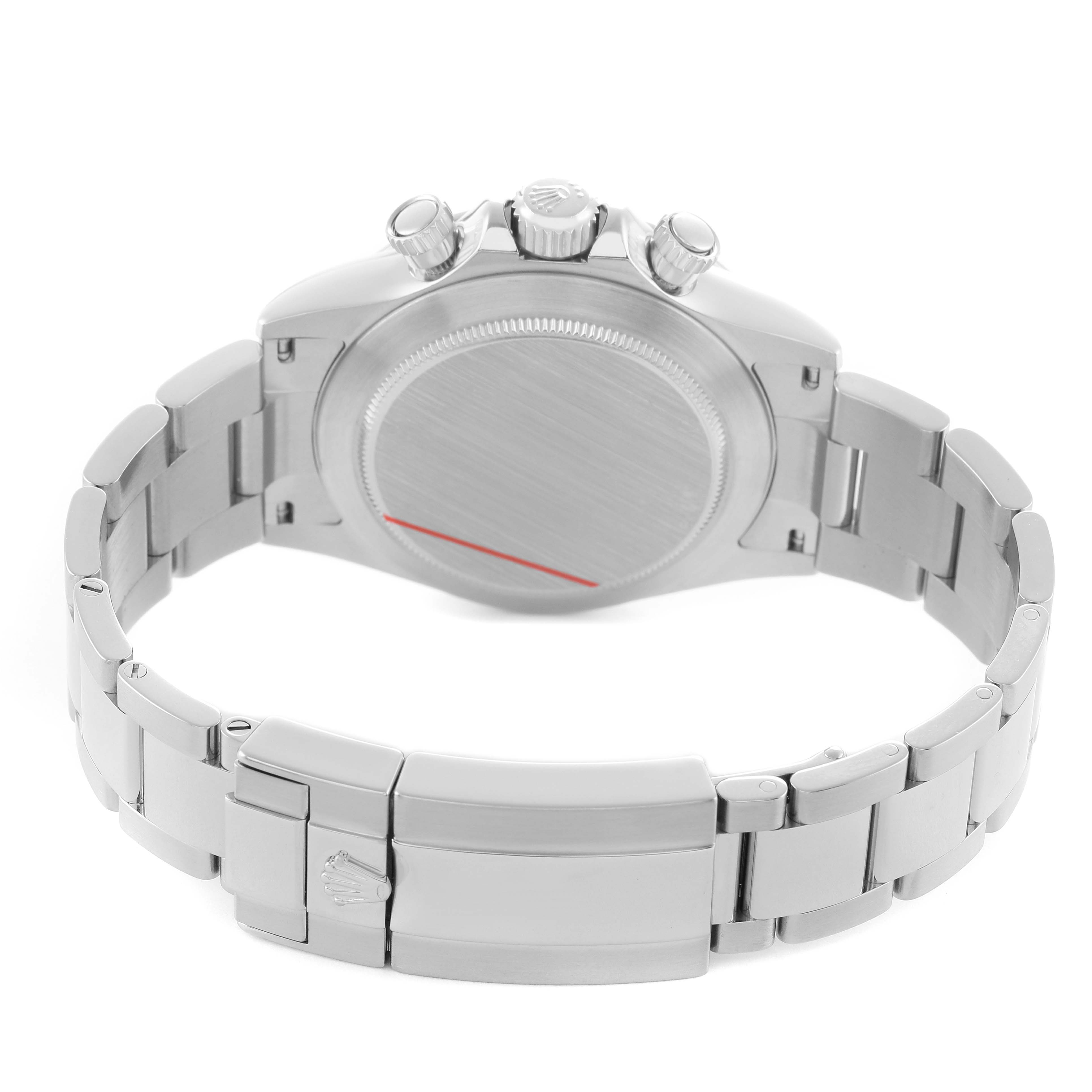 The image shows the back case and bracelet of a Rolex Daytona 116520 Men's Stainless Steel White Dial watch, viewed at an angle highlighting the clasp and crown.