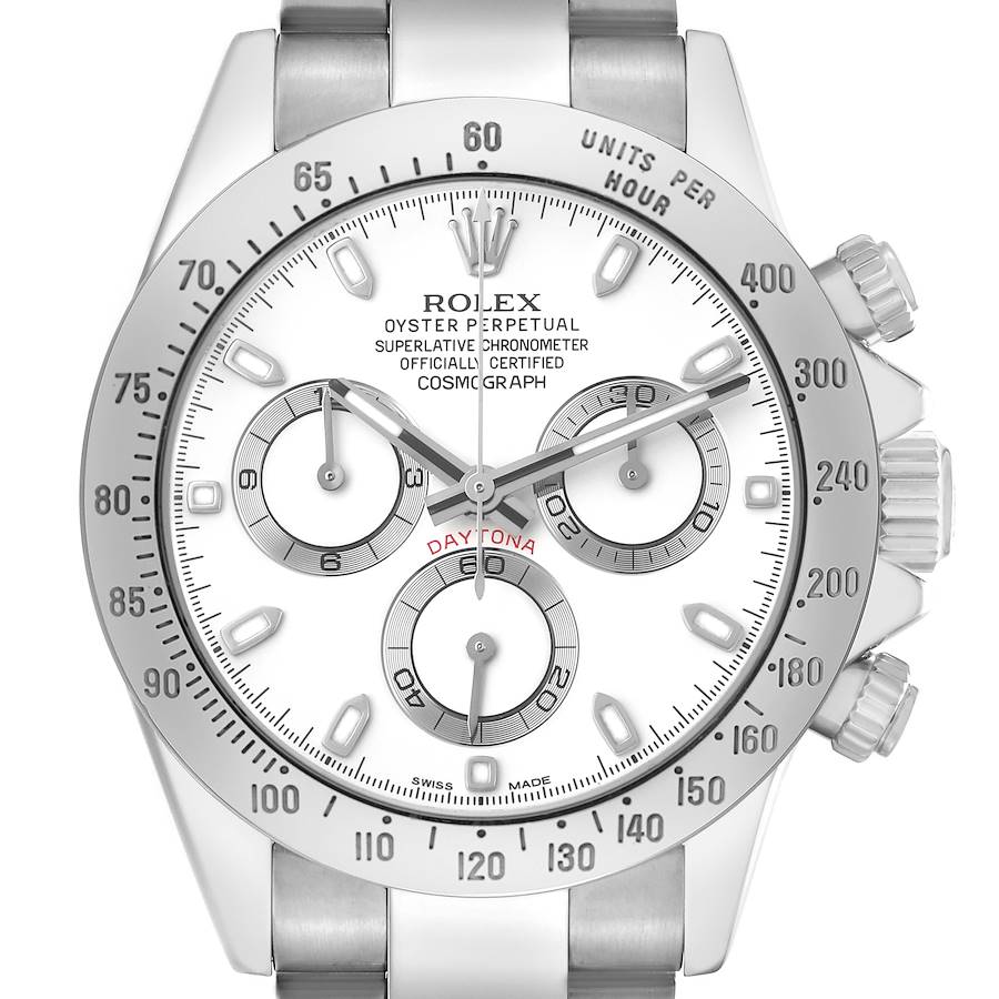 The Rolex Daytona 116520 Men's Stainless Steel White Dial watch is shown from a front angle, highlighting the face, bezel, crown, and subdials.