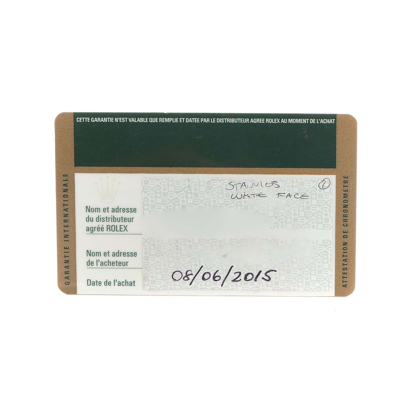 The image shows a guarantee card for a Rolex Daytona 116520 Men's Stainless Steel White Dial, displaying purchase details and warranty information.