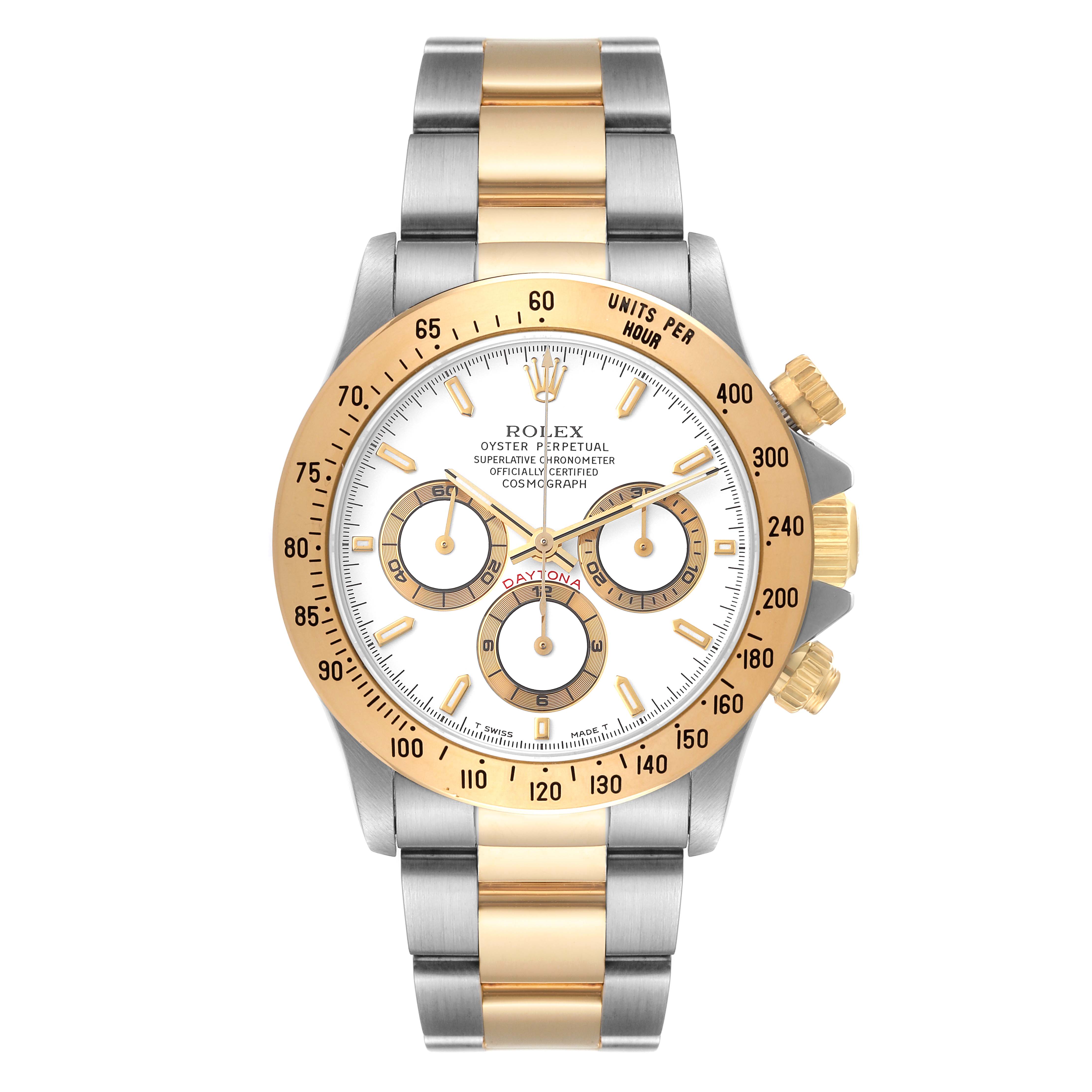 This image shows the front view of a Rolex Daytona 16523 Men
s Steel and Gold (two tone) White Dial 16523 Men
s Steel and Gold (two tone) White Dial watch, featuring its dial and bracelet.