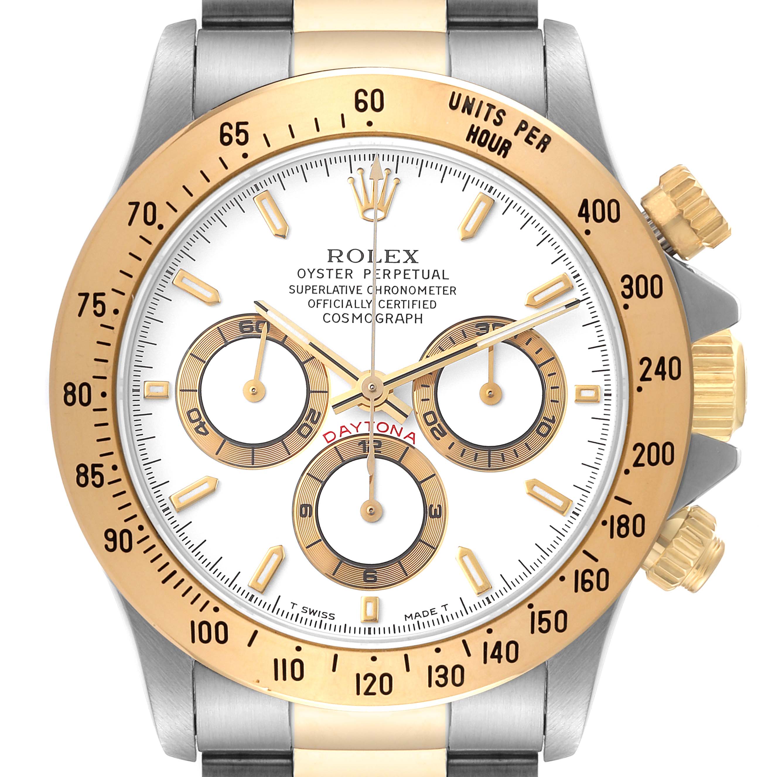 The Rolex Daytona 16523 Men
s Steel and Gold (two tone) White Dial 16523 Men
s Steel and Gold (two tone) White Dial watch is shown from the front angle, highlighting its gold bezel, chronograph subdials, and stainless steel and gold bracelet.