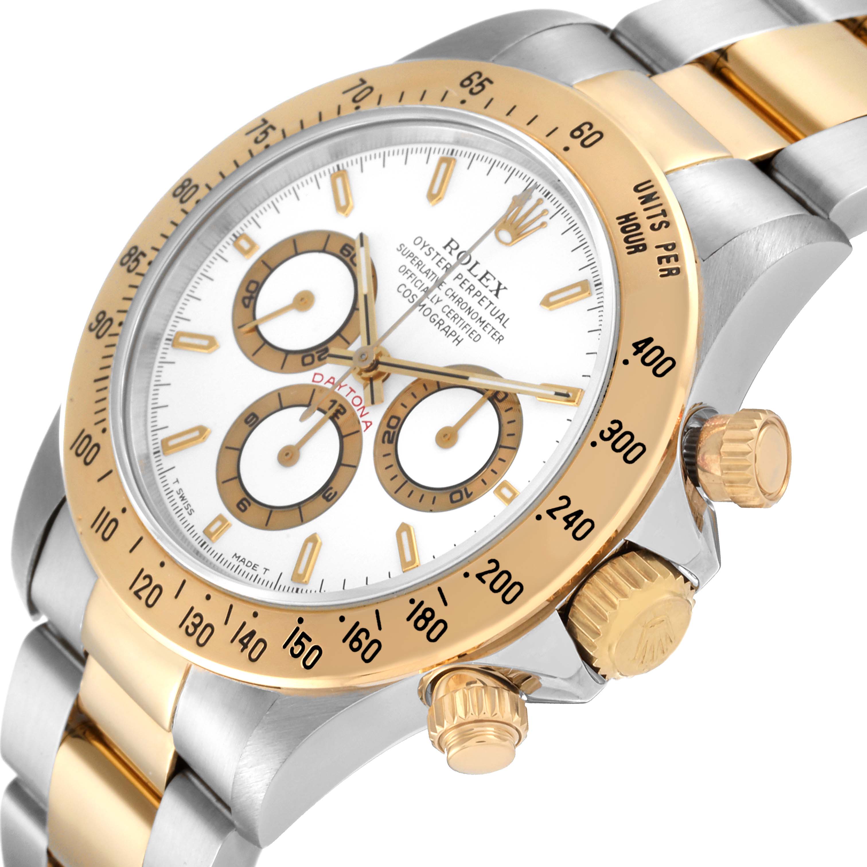 The image shows a Rolex Daytona 16523 Men
s Steel and Gold (two tone) White Dial 16523 Men
s Steel and Gold (two tone) White Dial watch at an angle highlighting its bezel, dial, crown, and bracelet.