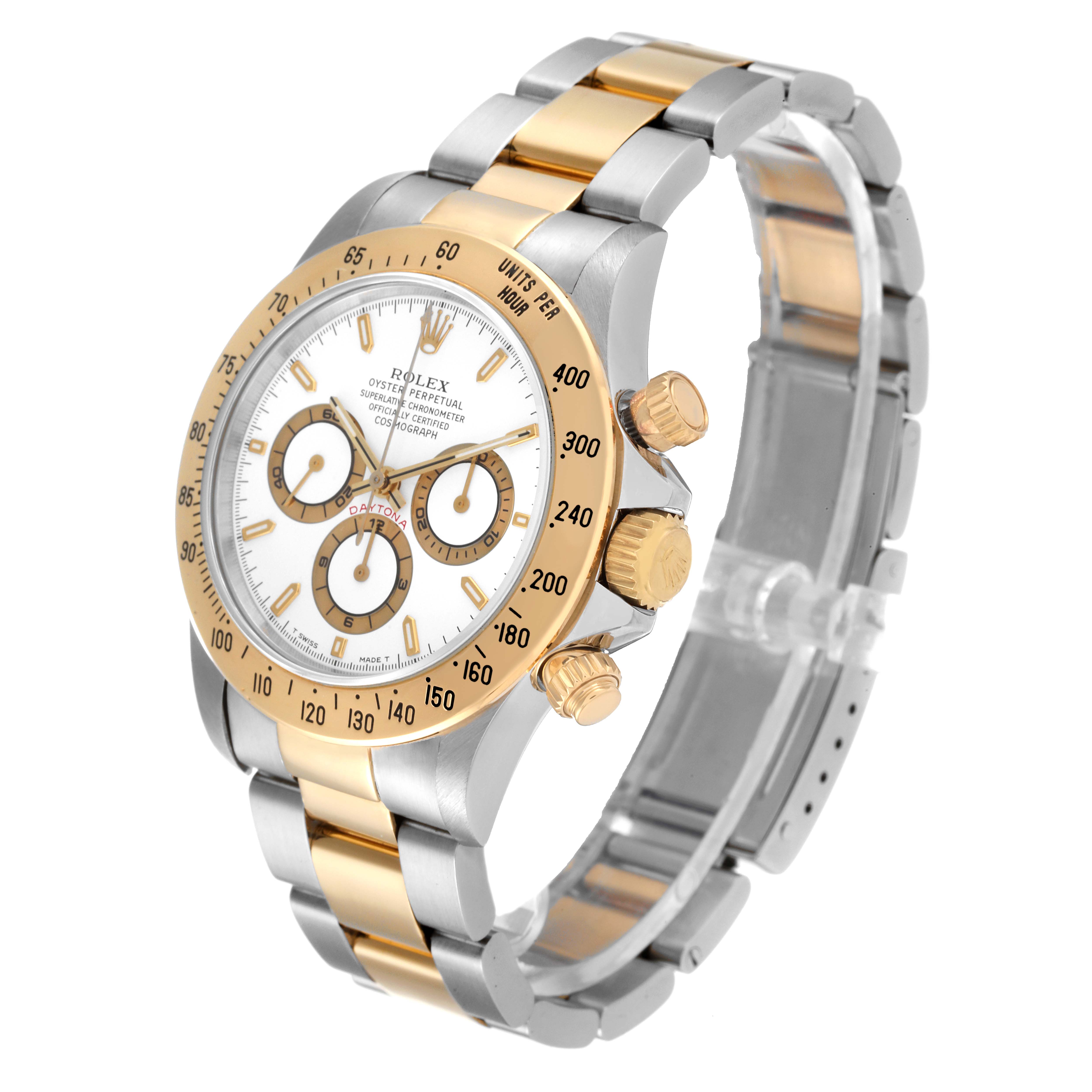 This image shows a side and front angle of a Rolex Daytona 16523 Men
s Steel and Gold (two tone) White Dial 16523 Men
s Steel and Gold (two tone) White Dial watch, highlighting its bezel, dial, pushers, and bracelet.