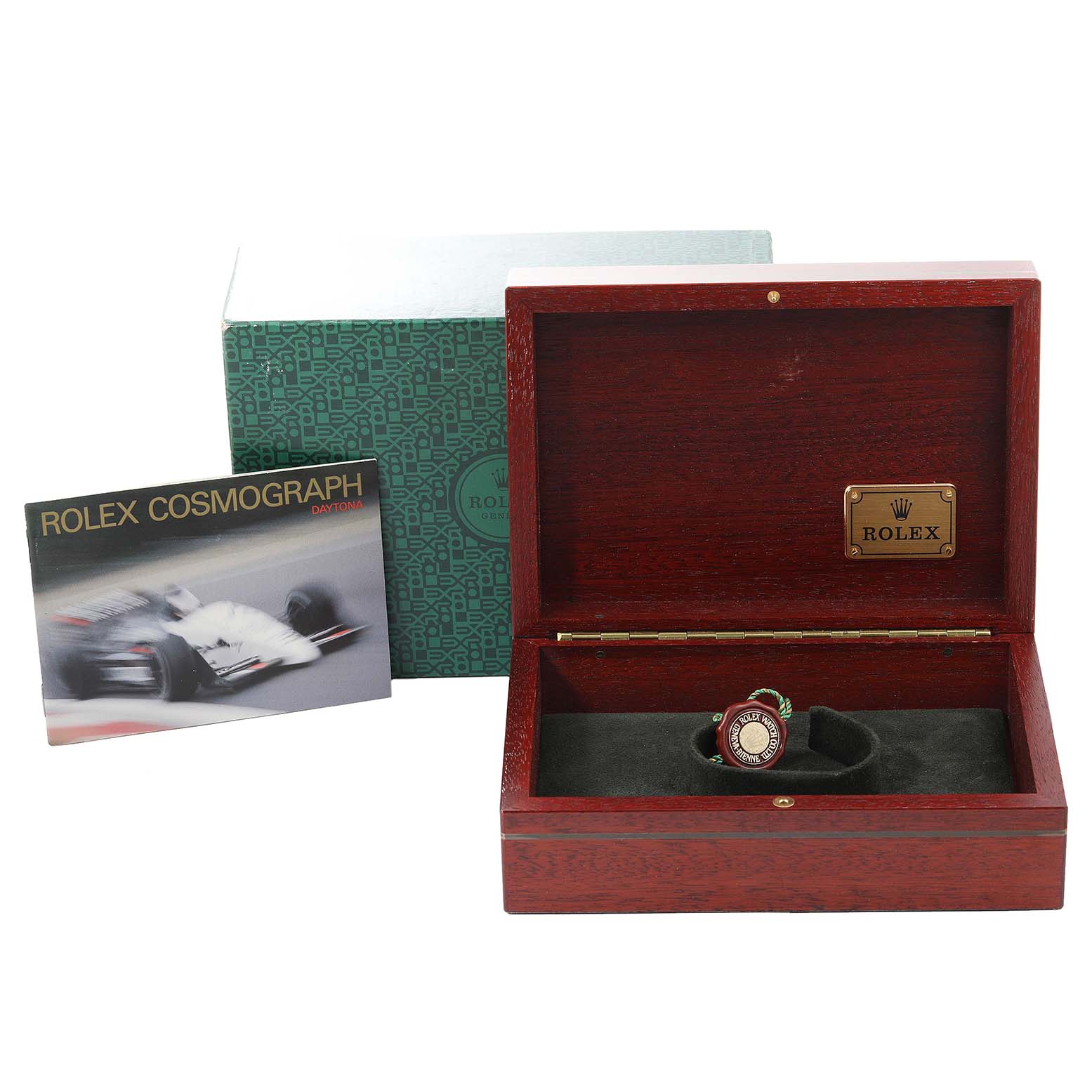 The image shows a Rolex Daytona 16523 Men
s Steel and Gold (two tone) White Dial 16523 Men
s Steel and Gold (two tone) White Dial watch in a wooden box, with an outer box and a booklet labeled "Rolex Cosmograph Daytona."