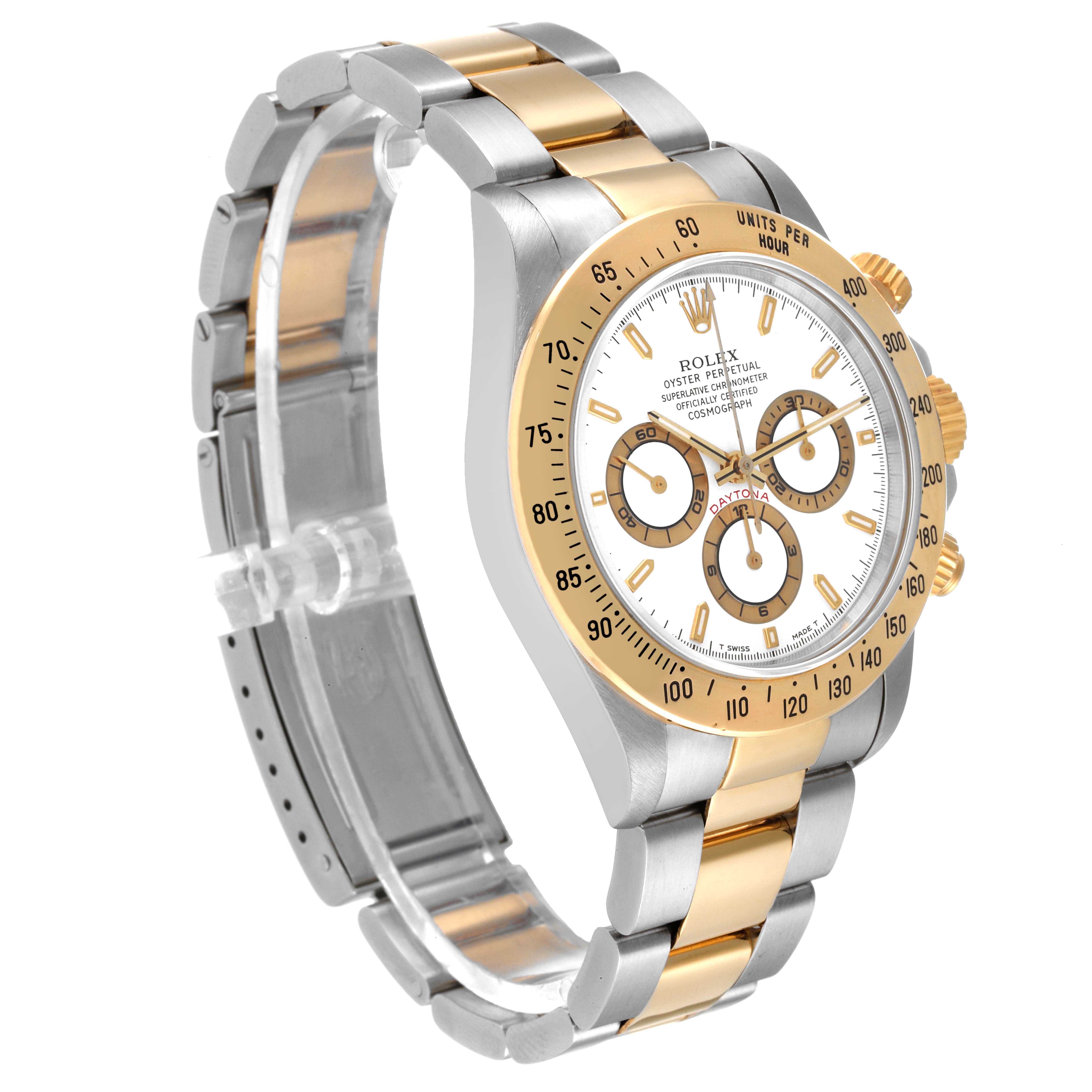 The Rolex Daytona 16523 Men
s Steel and Gold (two tone) White Dial 16523 Men
s Steel and Gold (two tone) White Dial watch is shown at a three-quarter angle, highlighting its bezel, dial, case, and bracelet.