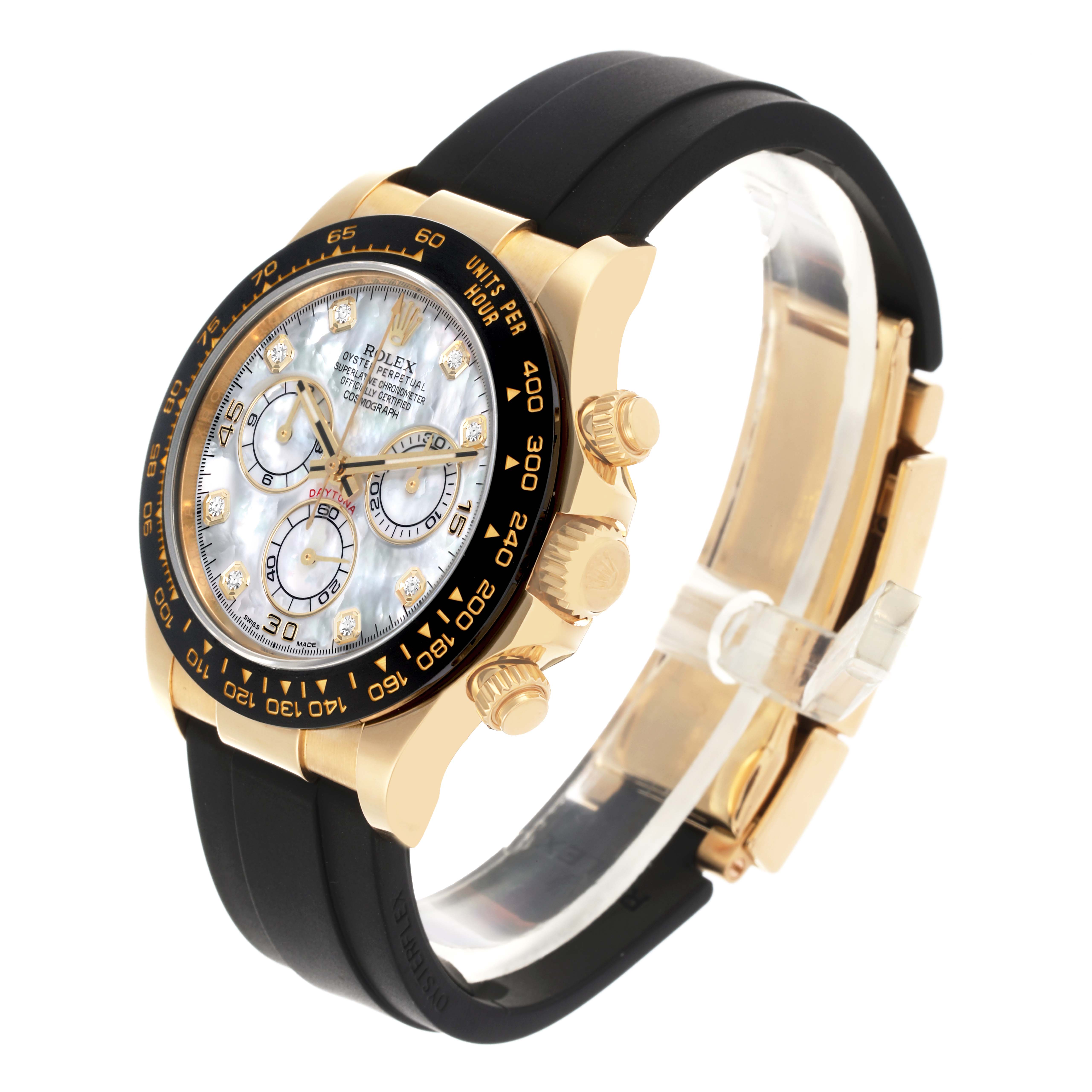 The Rolex Daytona 116518LN Men's Yellow Gold Mother of Pearl Dial 116518LN Men's Yellow Gold Mother of Pearl Dial watch is shown at a three-quarter angle, highlighting its face, bezel, pushers, and strap.