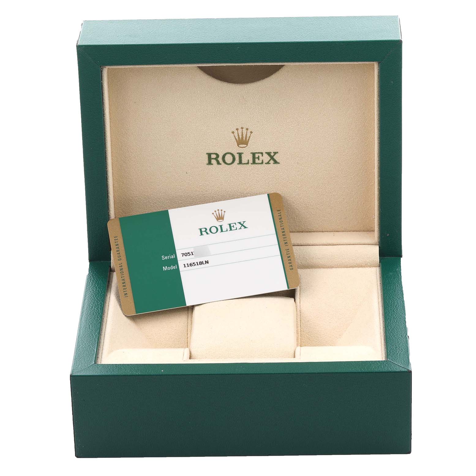 The image shows a Rolex Daytona 116518LN Men's Yellow Gold Mother of Pearl Dial 116518LN Men's Yellow Gold Mother of Pearl Dial watch box at an open angle with a model and serial card displayed inside.