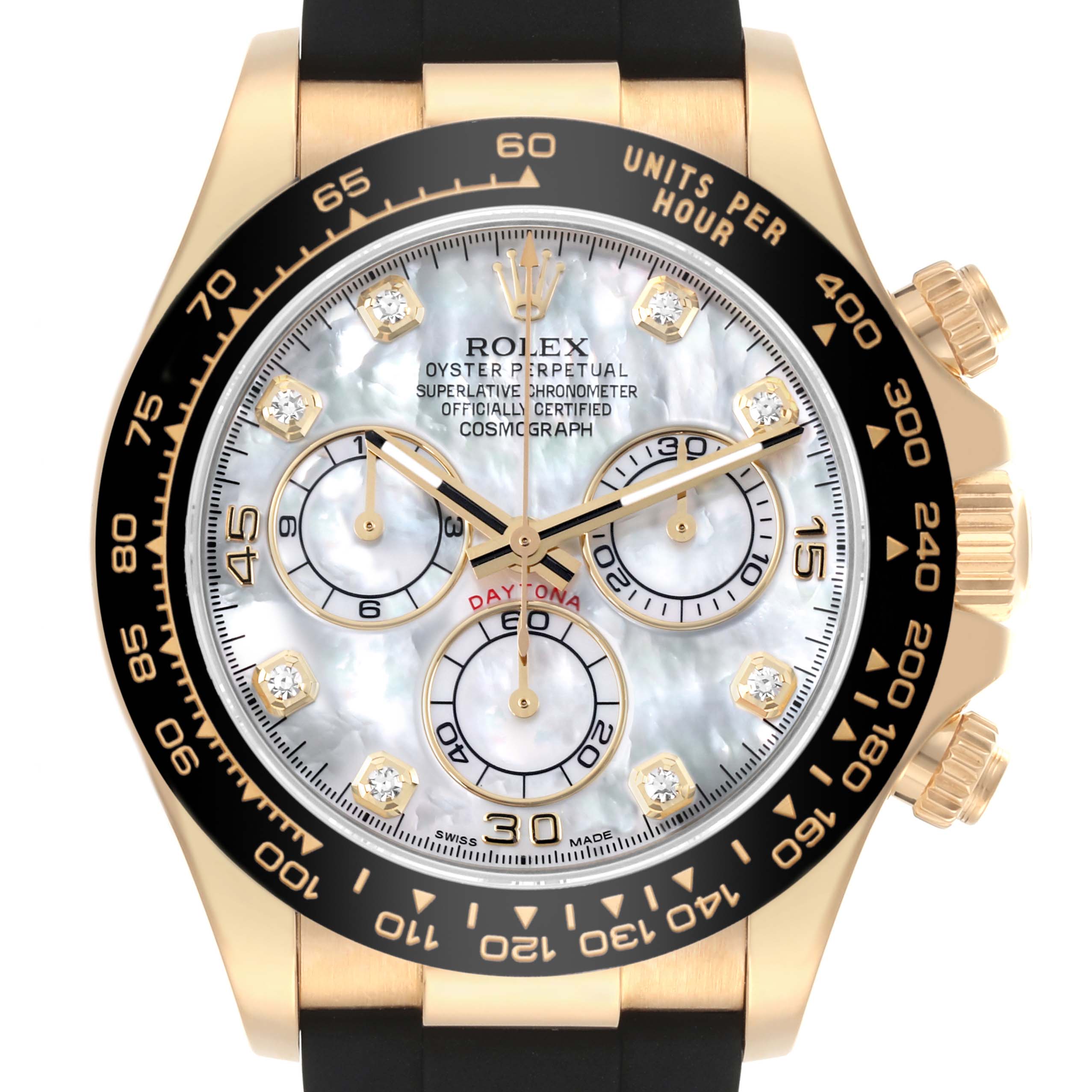 The image shows a front view of the Rolex Daytona 116518LN Men's Yellow Gold Mother of Pearl Dial 116518LN Men's Yellow Gold Mother of Pearl Dial watch, highlighting the dial, bezel, and part of the band.