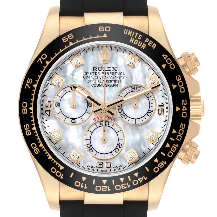 The image shows a front view of the Rolex Daytona watch, highlighting the dial, bezel, and part of the band.