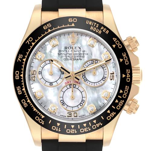 The image shows a front view of a Rolex Daytona watch, featuring the dial, bezel, and part of the strap.