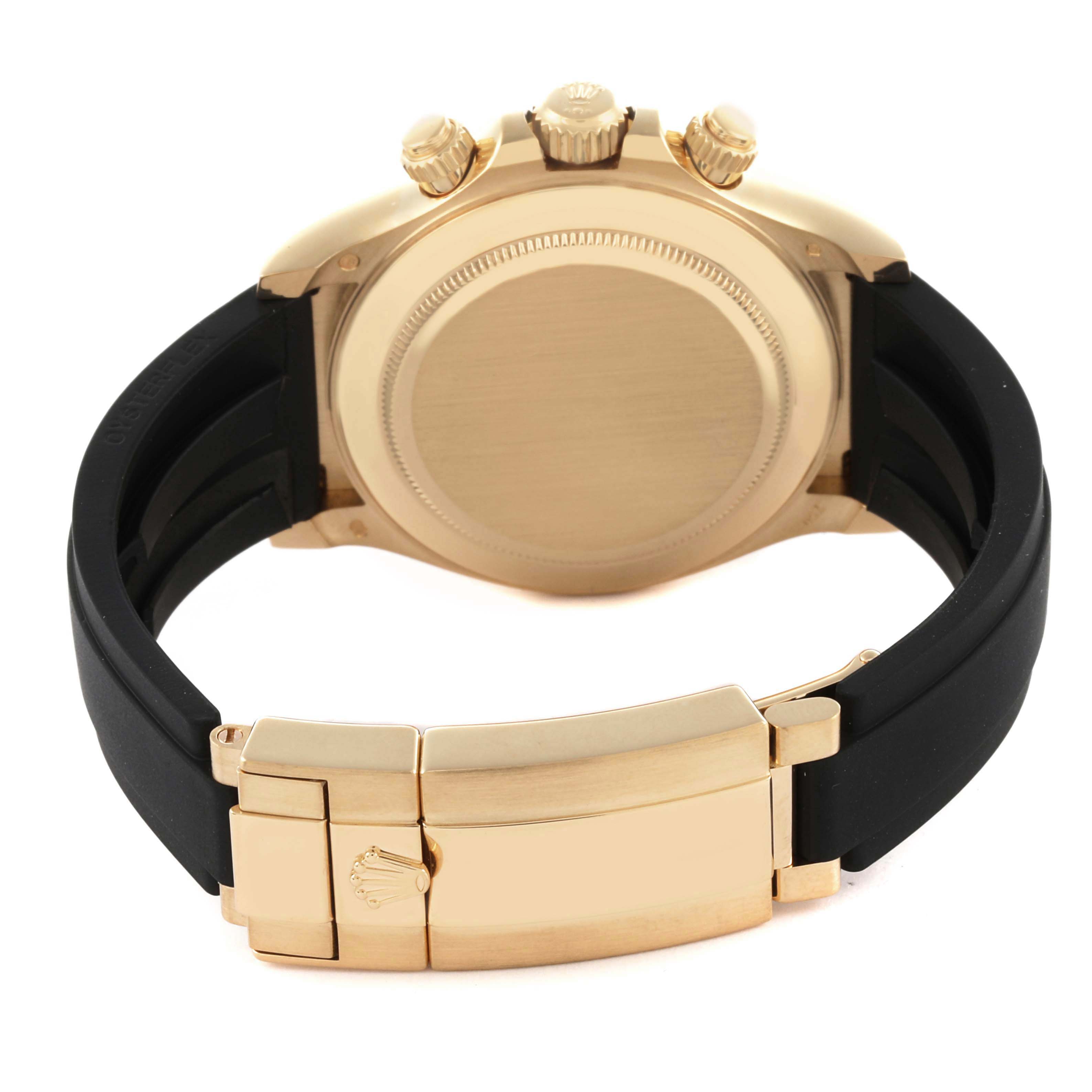 The image shows the back and clasp of a Rolex Daytona 116518LN Men's Yellow Gold Mother of Pearl Dial 116518LN Men's Yellow Gold Mother of Pearl Dial watch, highlighting the gold case and black strap.