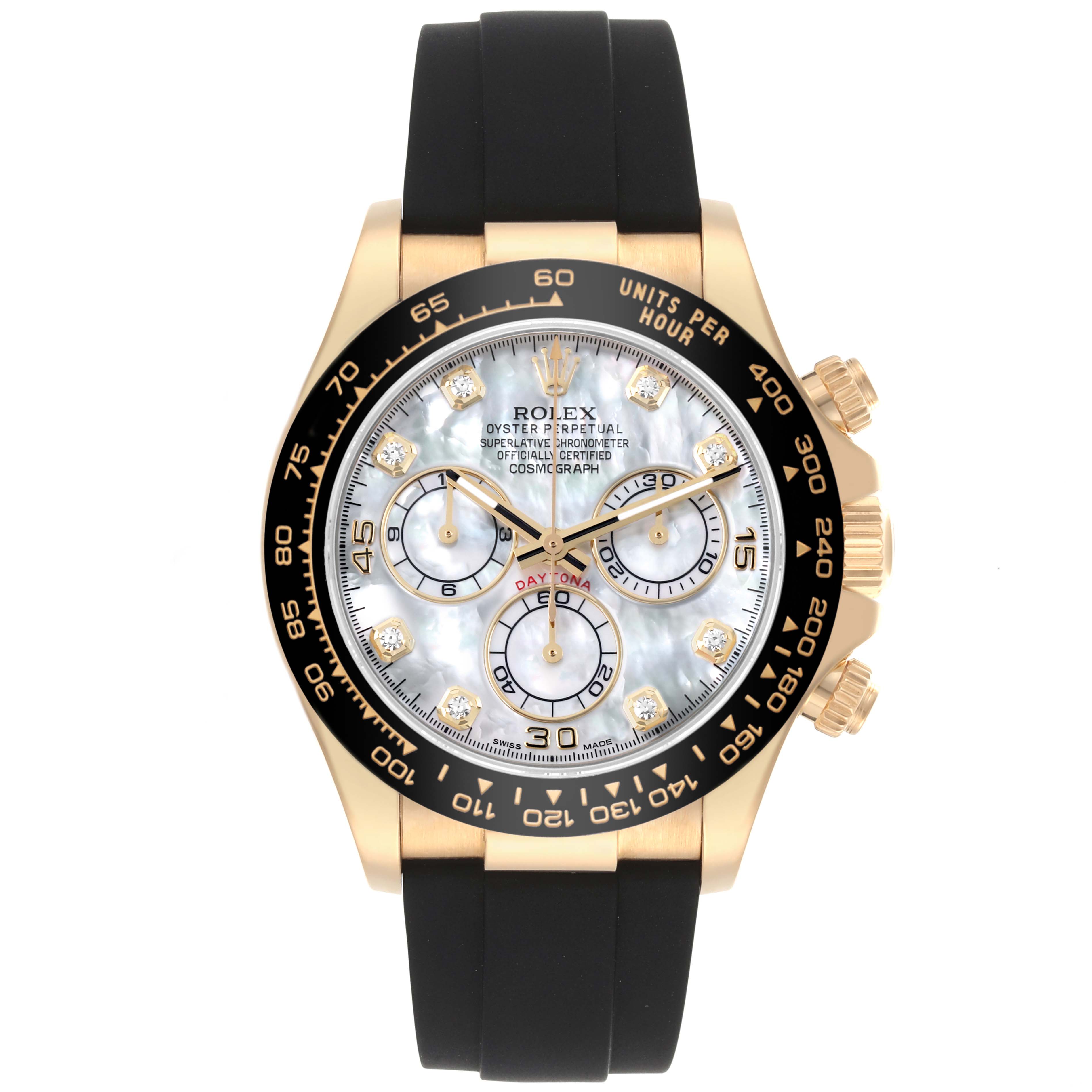 The Rolex Daytona 116518LN Men's Yellow Gold Mother of Pearl Dial 116518LN Men's Yellow Gold Mother of Pearl Dial watch is shown from the front, displaying the dial, bezel, case, and strap.