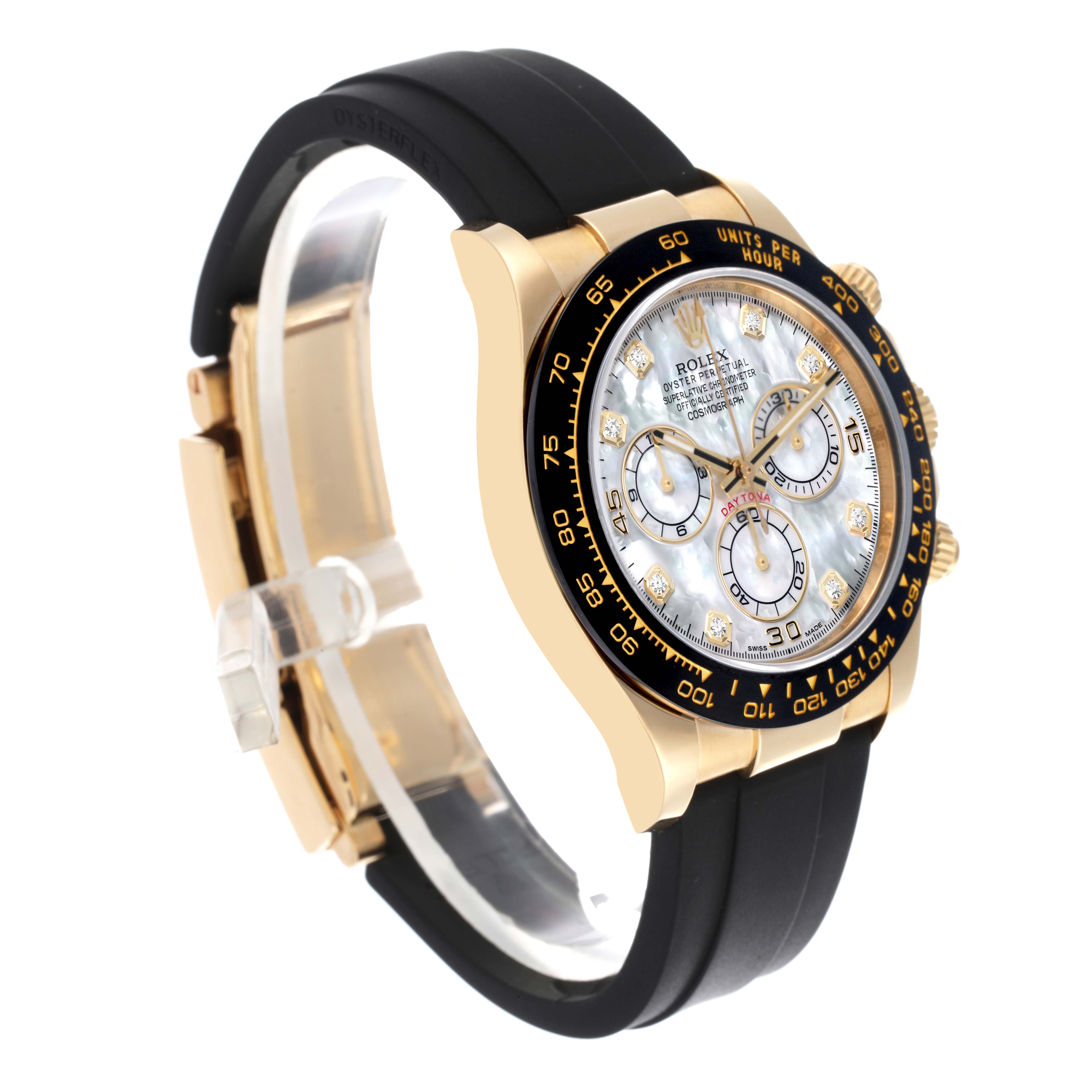 The Rolex Daytona 116518LN Men's Yellow Gold Mother of Pearl Dial 116518LN Men's Yellow Gold Mother of Pearl Dial watch is shown at a three-quarter angle, highlighting the bezel, dial, and strap.