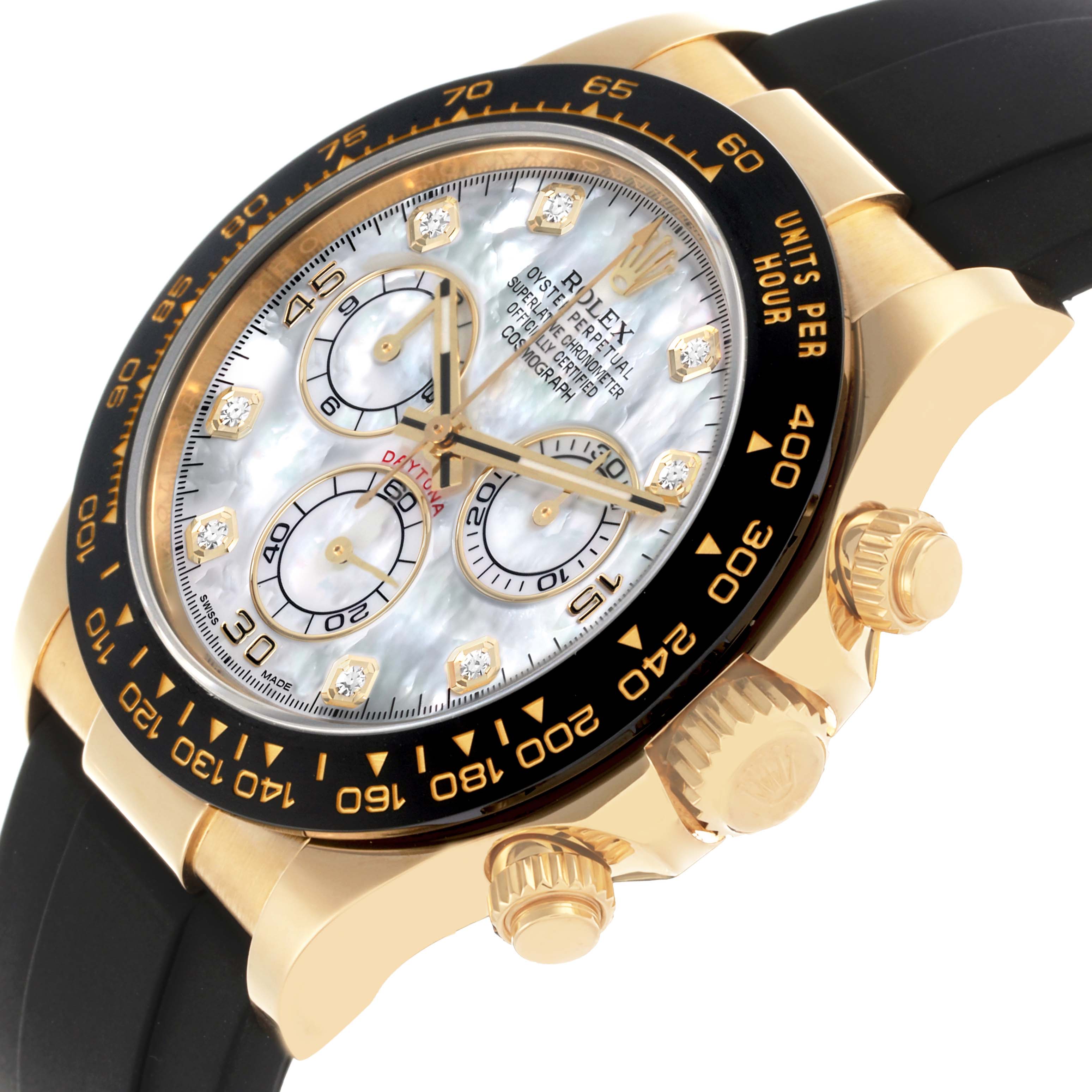 The Rolex Daytona 116518LN Men's Yellow Gold Mother of Pearl Dial 116518LN Men's Yellow Gold Mother of Pearl Dial watch is shown at a three-quarter angle, highlighting its bezel, crown, and dial.