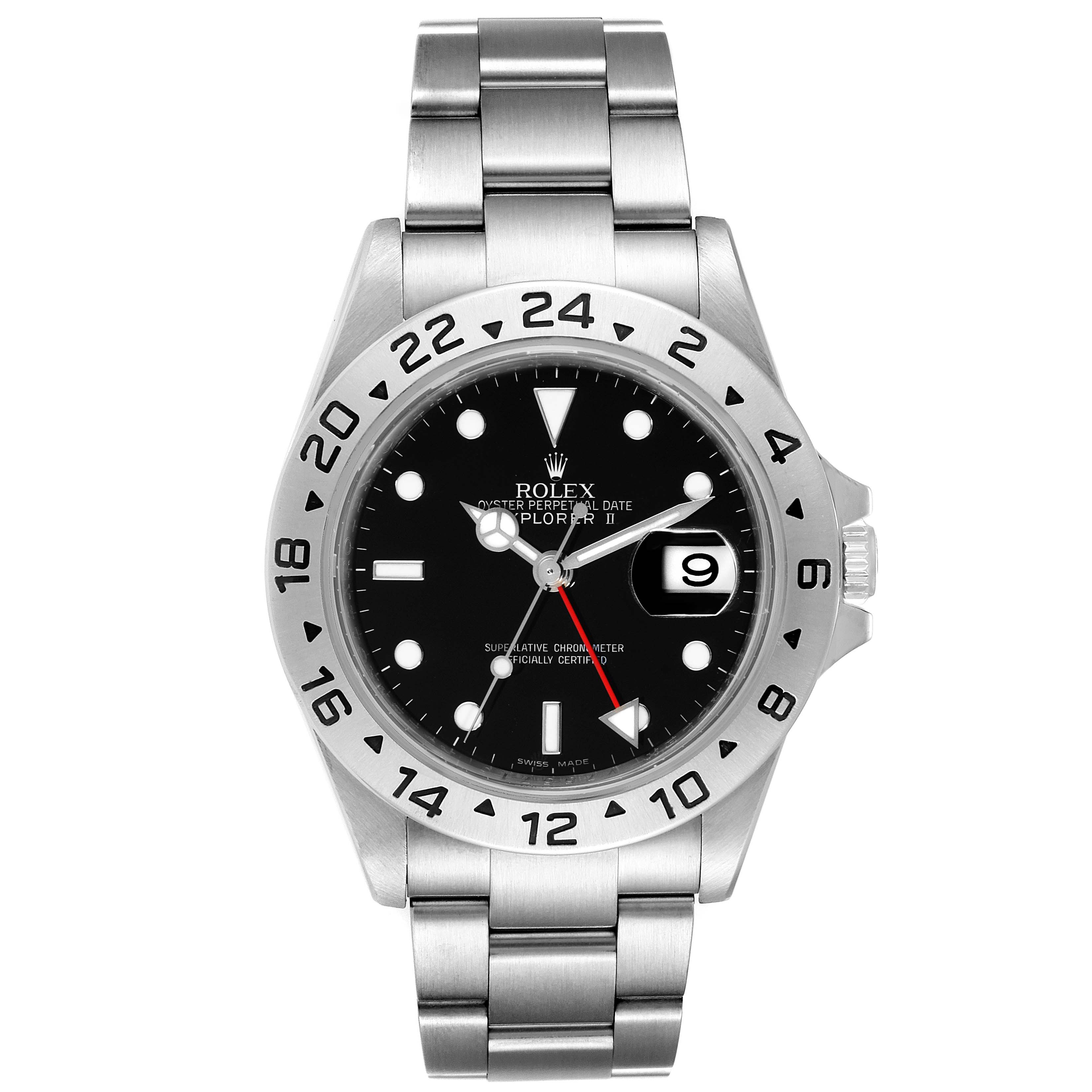 The image shows a front view of the Rolex Explorer 16570 Men's Stainless Steel Black Dial 16570 Men's Stainless Steel Black Dial watch, highlighting the dial, bezel, and bracelet.