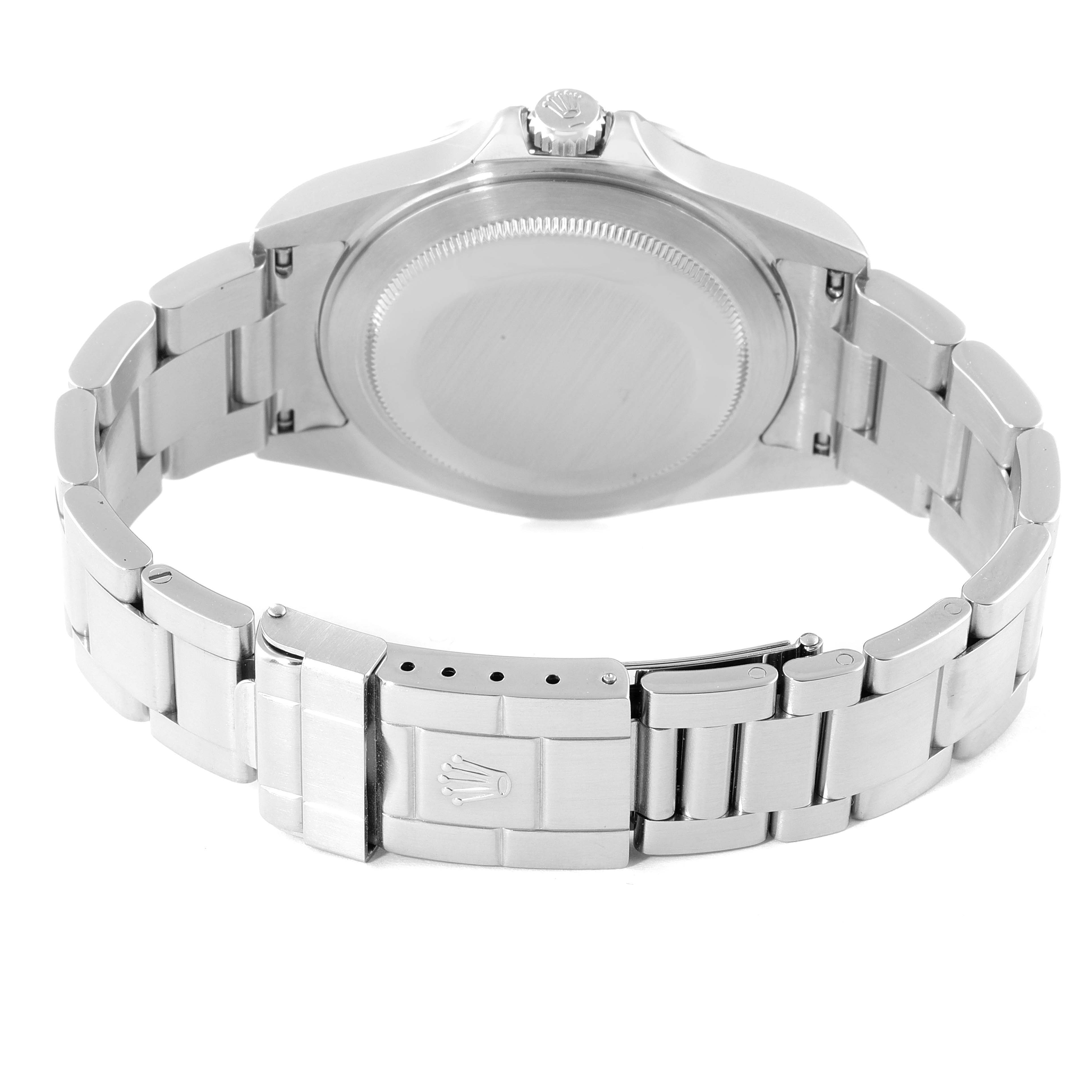 The image shows the back and bracelet of a Rolex Explorer 16570 Men's Stainless Steel Black Dial 16570 Men's Stainless Steel Black Dial watch.